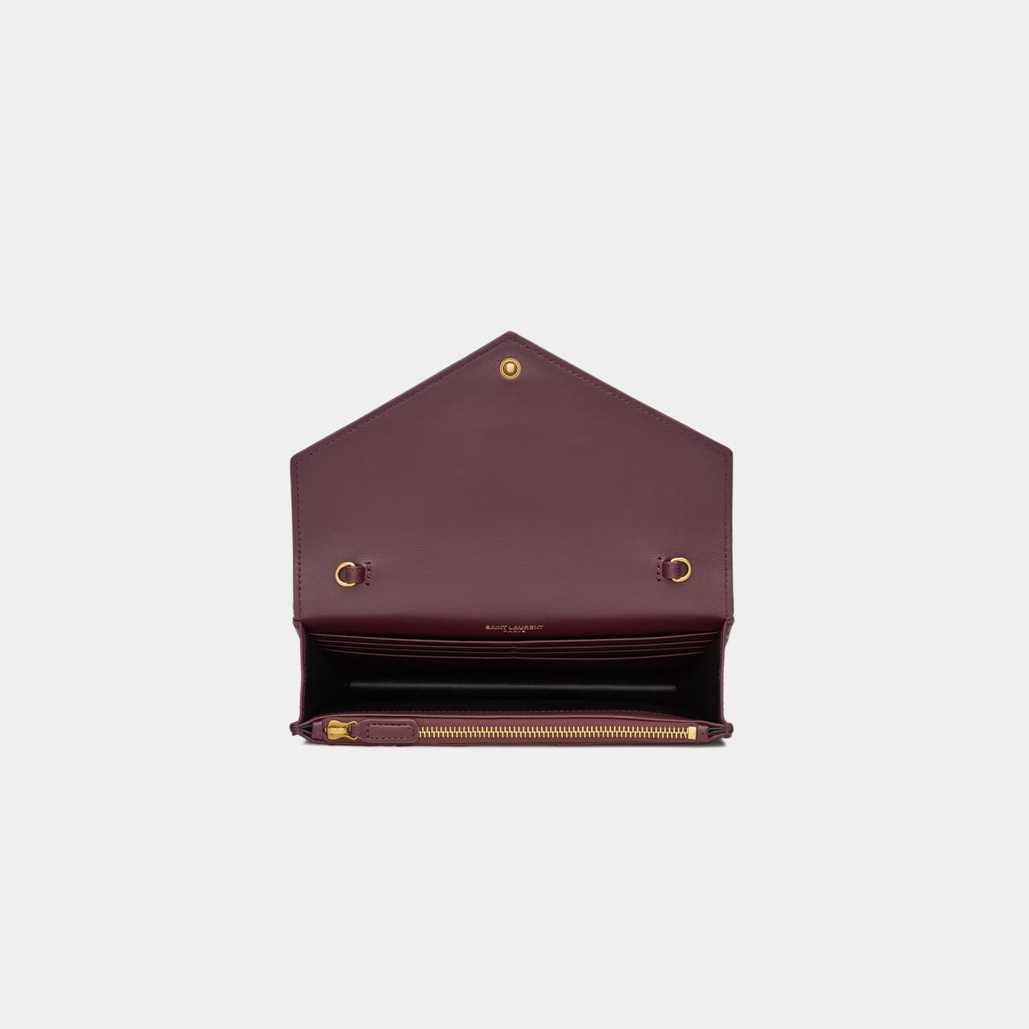 Yves Saint Laurent Cassandre Envelope Chain Wallet In Shiny Leather, Bloody Drink, Top