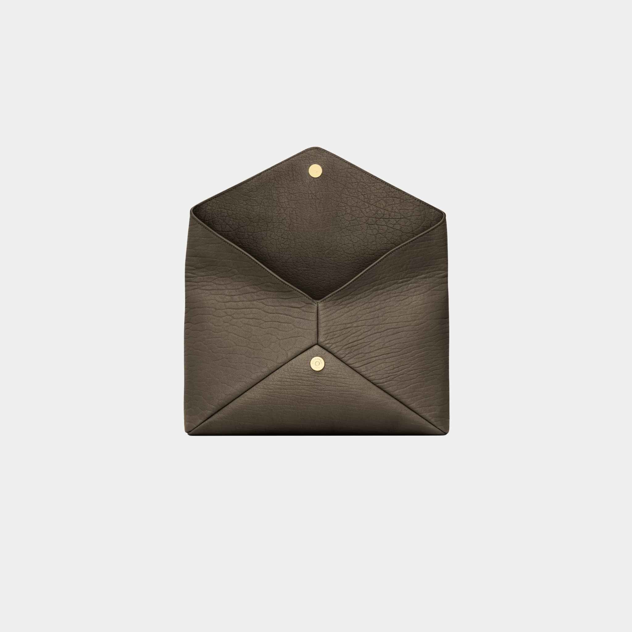 Yves Saint Laurent Cassandre Large Envelope Pouch In Lambskin, Light Musk, Open