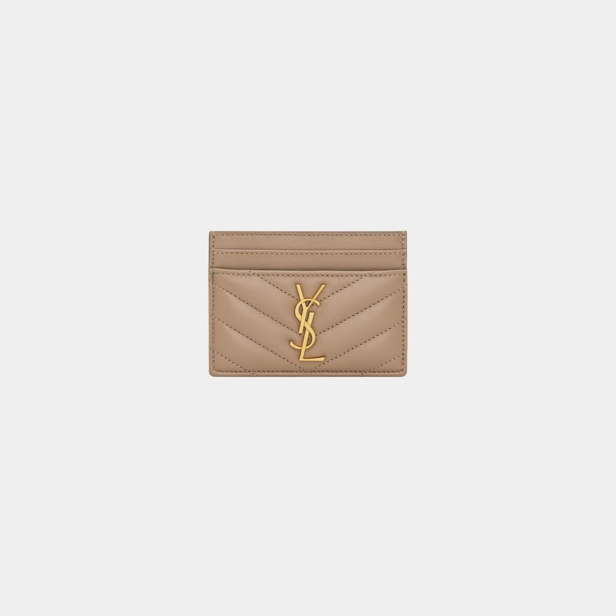Yves Saint Laurent Cassandre Matelasse Card Case In Lambskin, Dusty Grey, Front