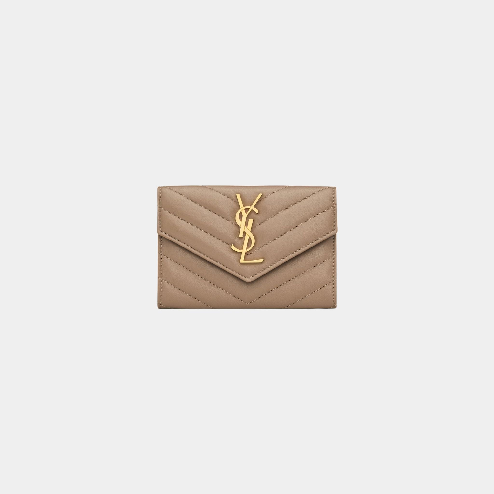 Yves Saint Laurent Cassandre Matelasse Small Envelope Wallet Lambskin, Dusty Grey, Front