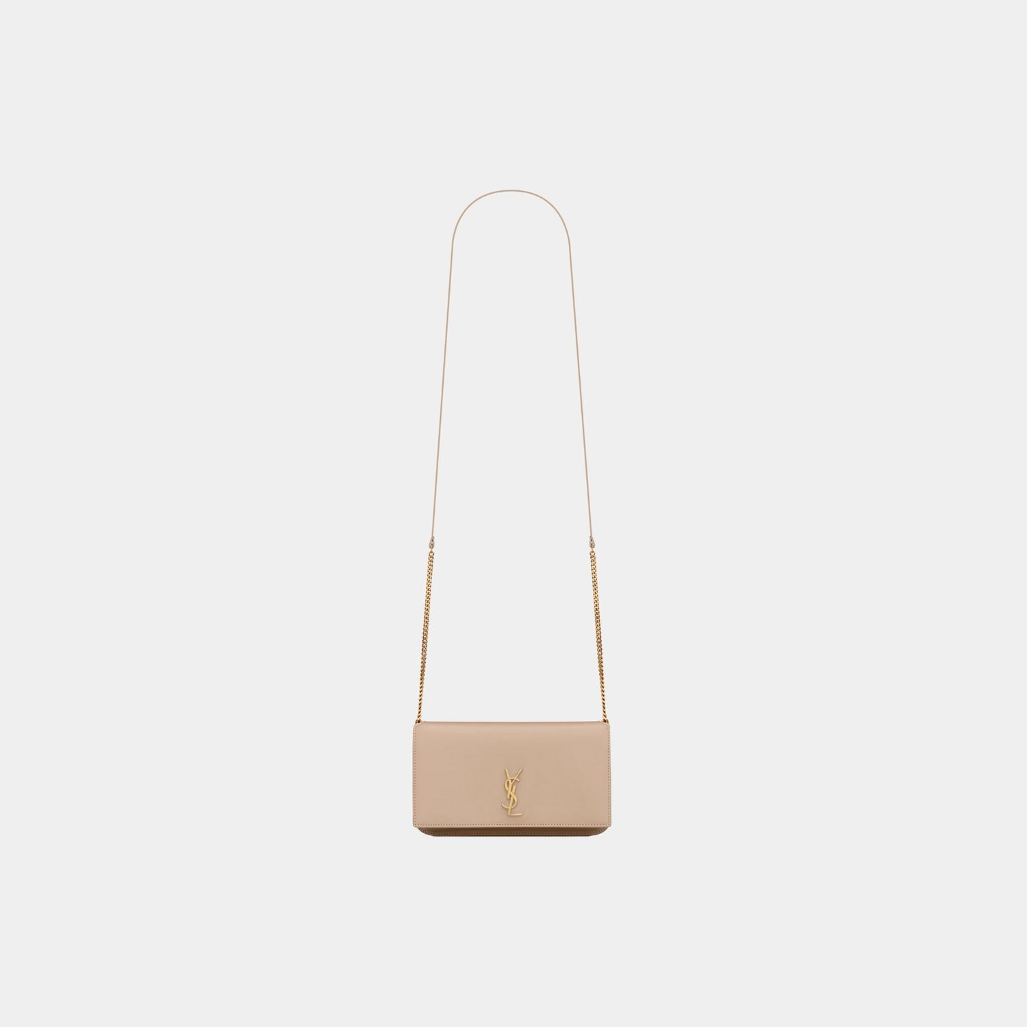 Yves Saint Laurent Cassandre Phone Holder Smooth Leather With Strap, Dark Beige, Front