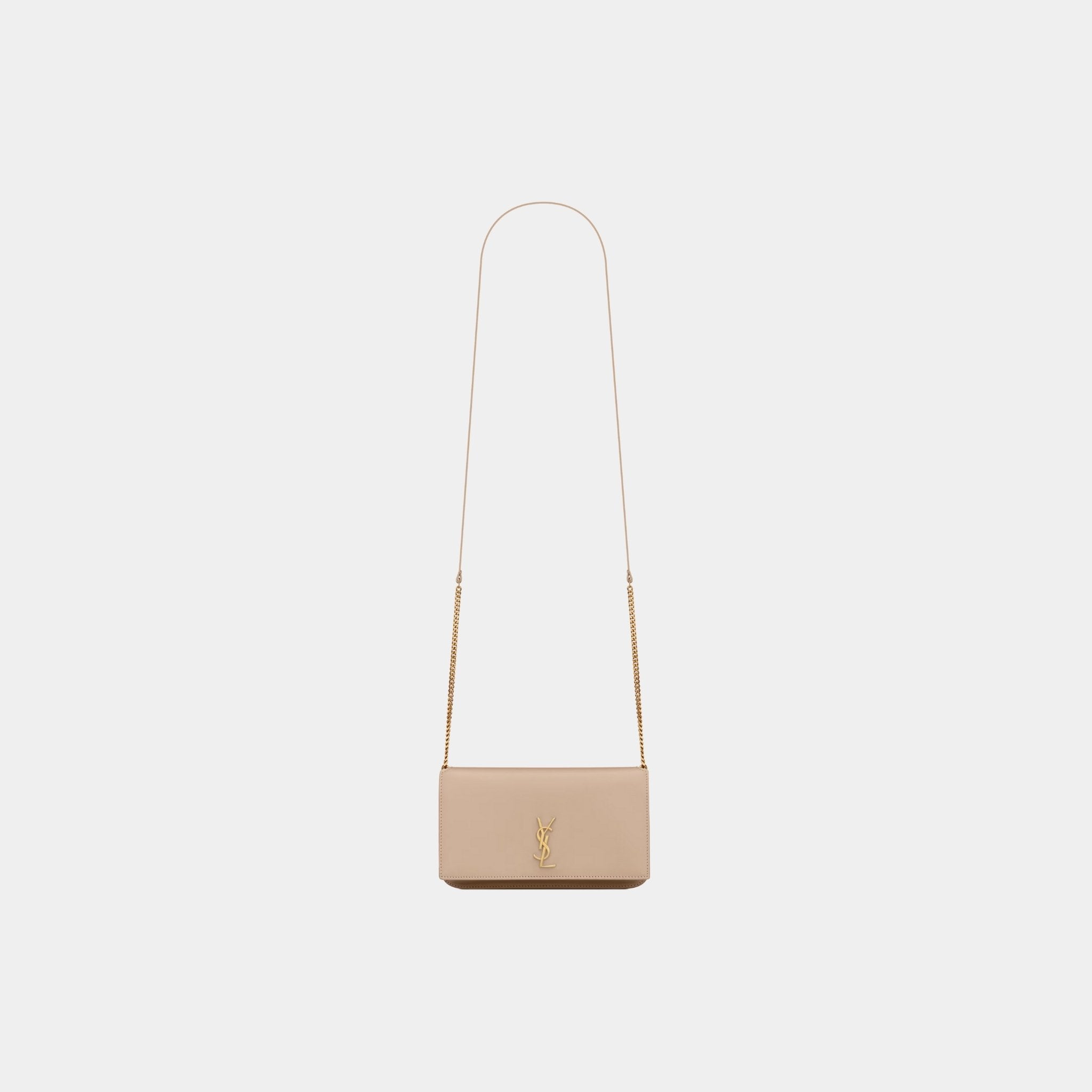 Yves Saint Laurent Cassandre Phone Holder Smooth Leather With Strap, Dark Beige, Front