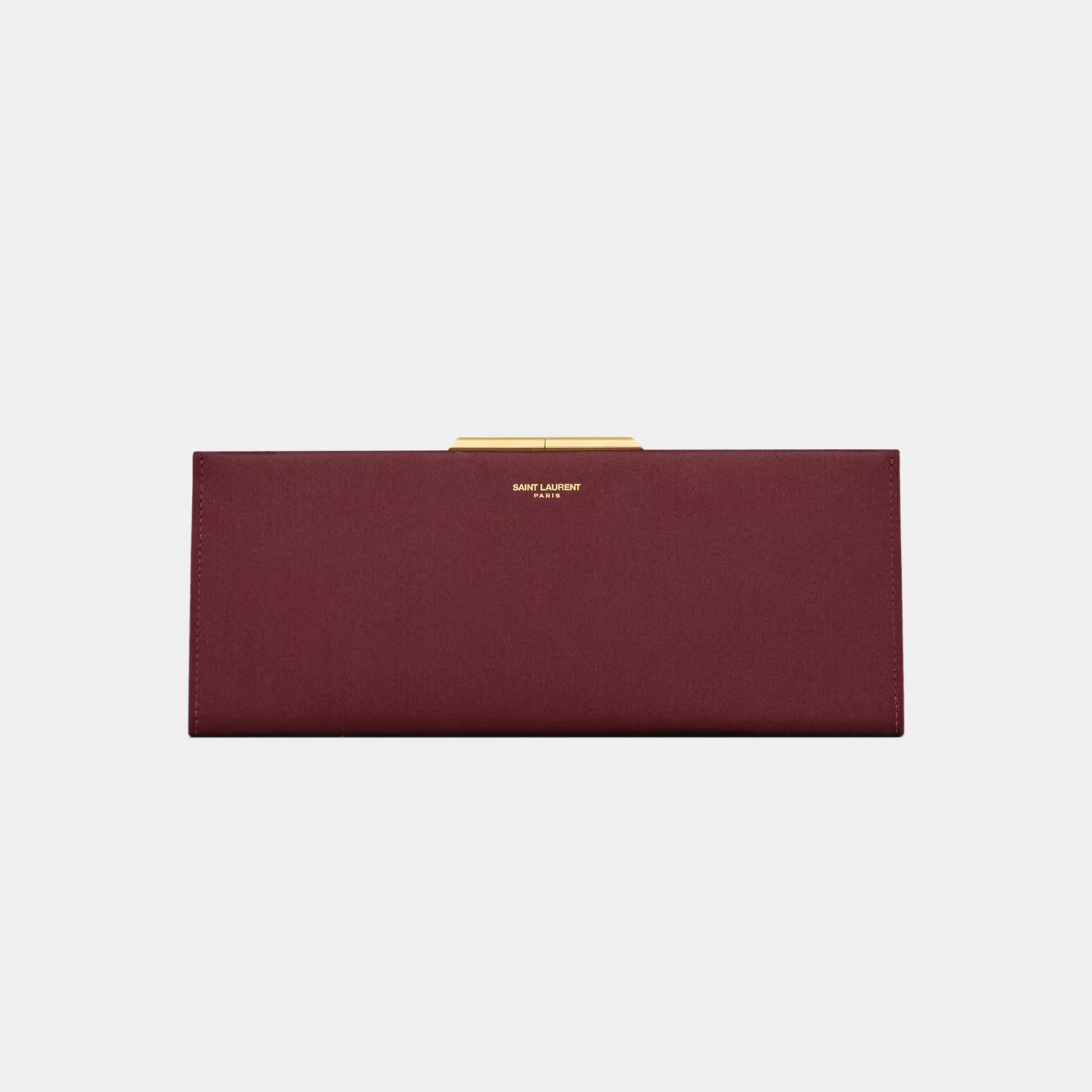 Yves Saint Laurent Midnight Small Clutch Satin With Kiss-Lock Closure, Griotte, Front