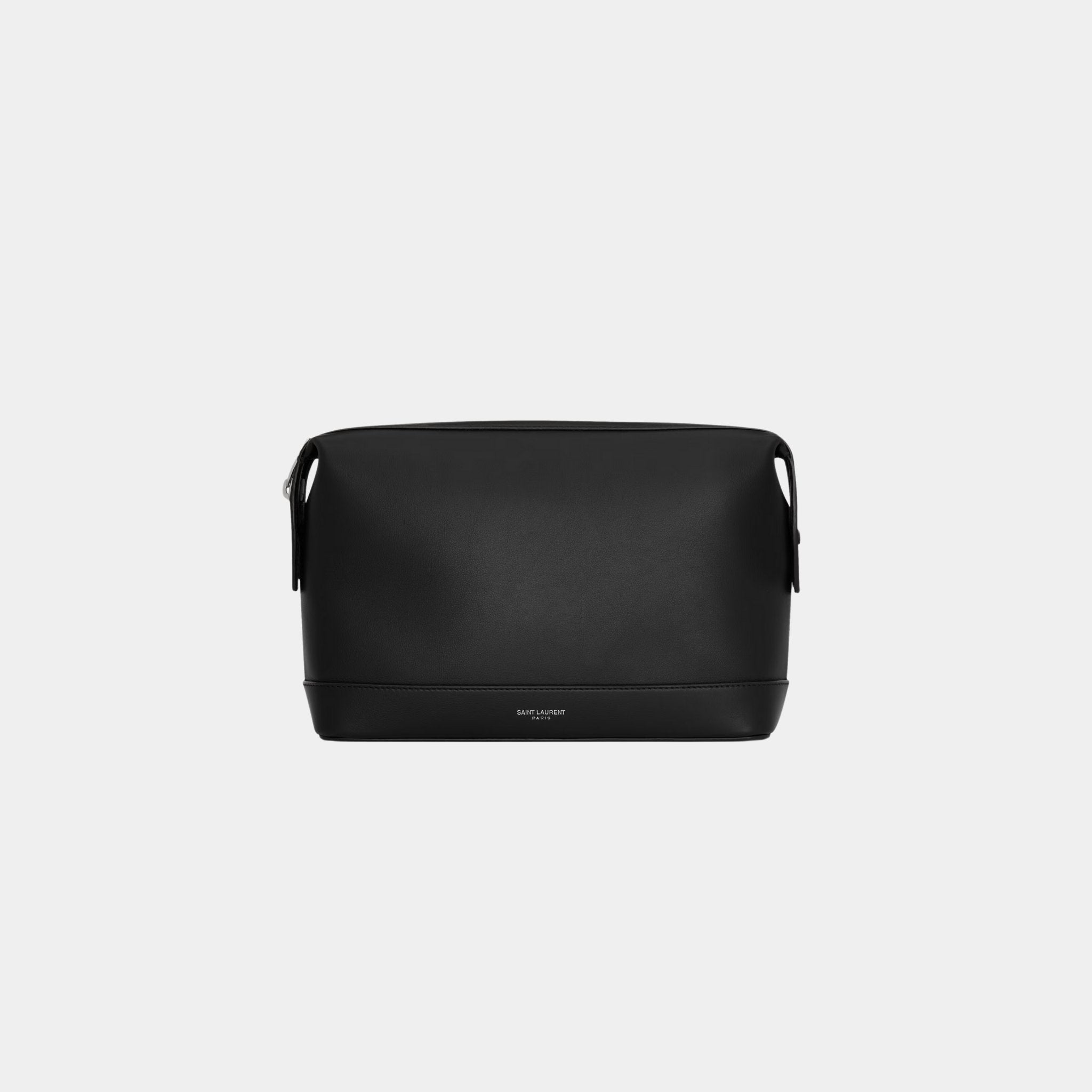 Yves Saint Laurent Paris Small Pouch In Leather With Silver-Tone HW, Black, Front