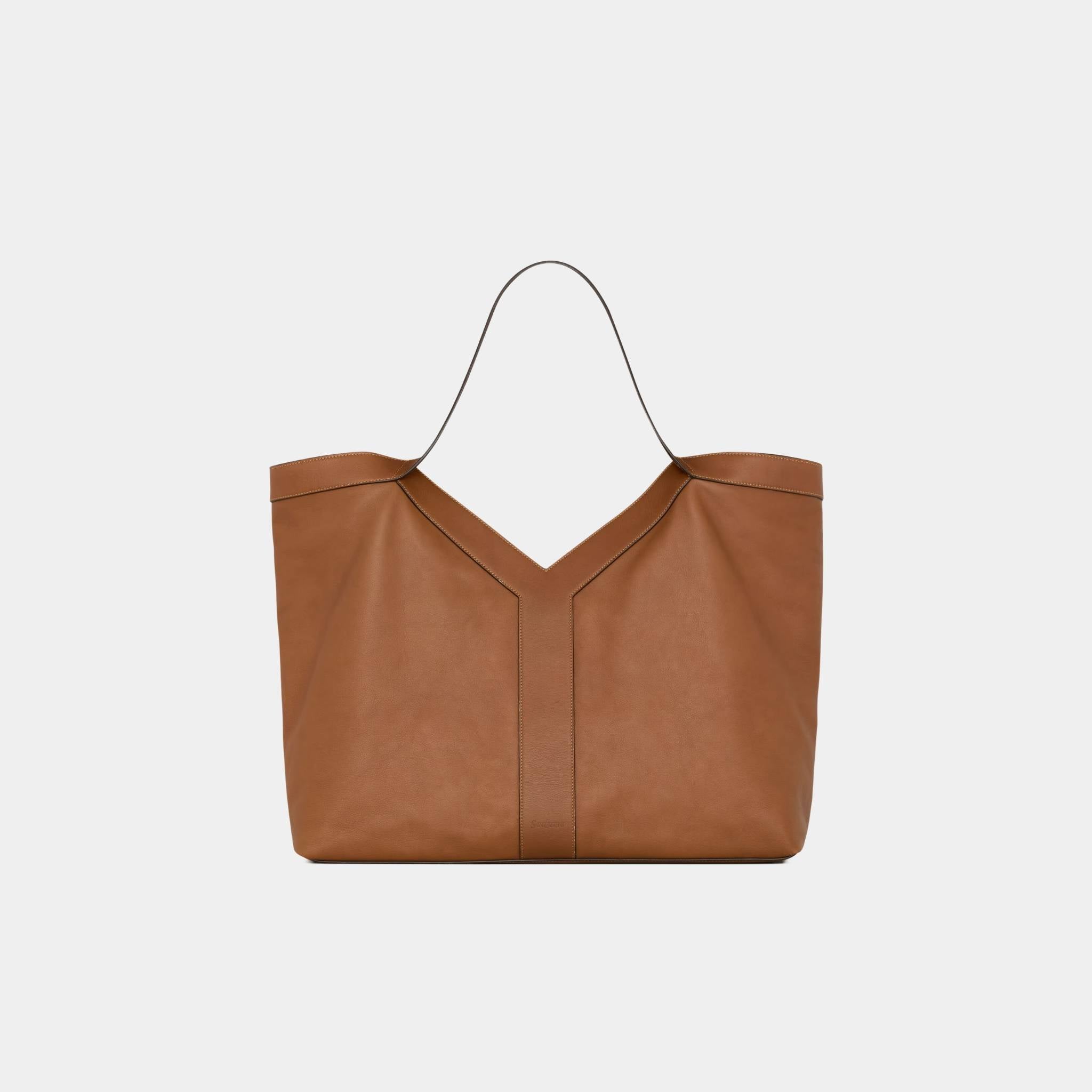 Yves Saint Laurent Y Tote In Leather With Tonal Suede Lining, Brick, Front