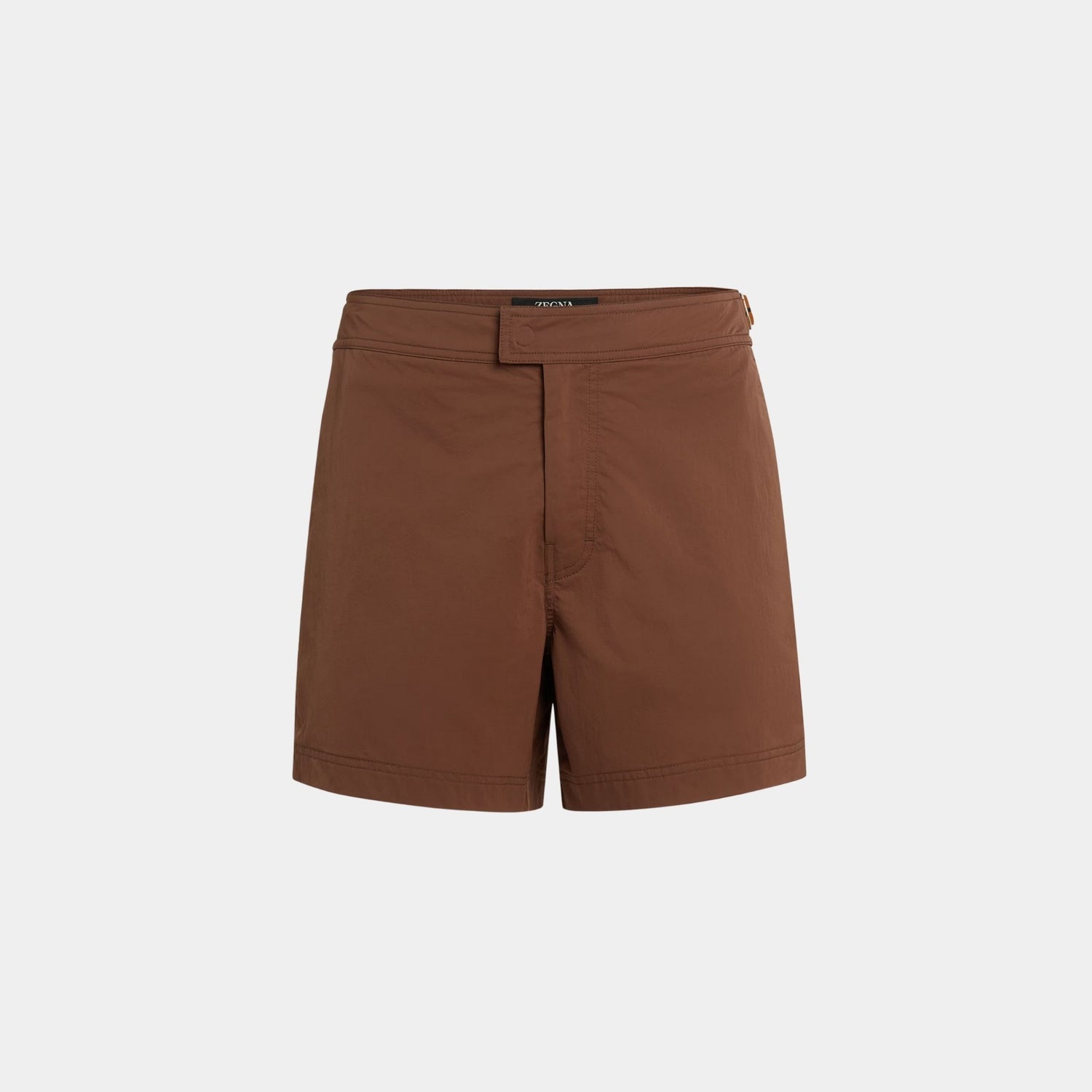 Zegna 232 Road Brand Mark Swim Trunks, Brown, Front