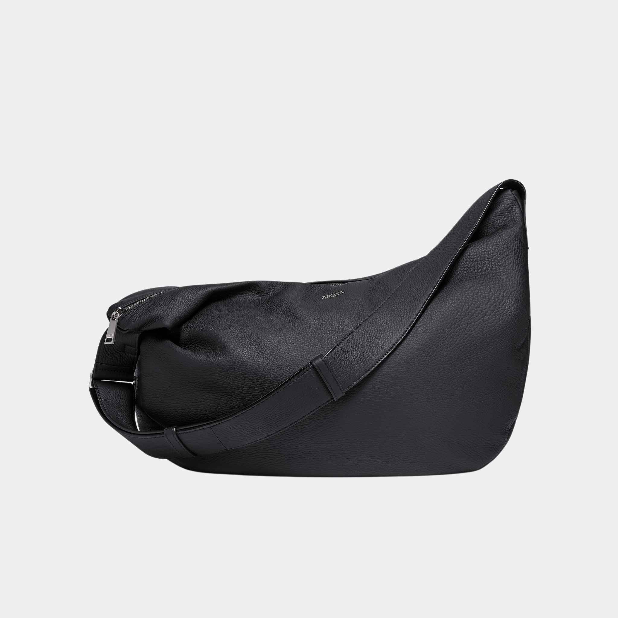 Zegna Black Deerskin Panorama Hobo Bag, Front