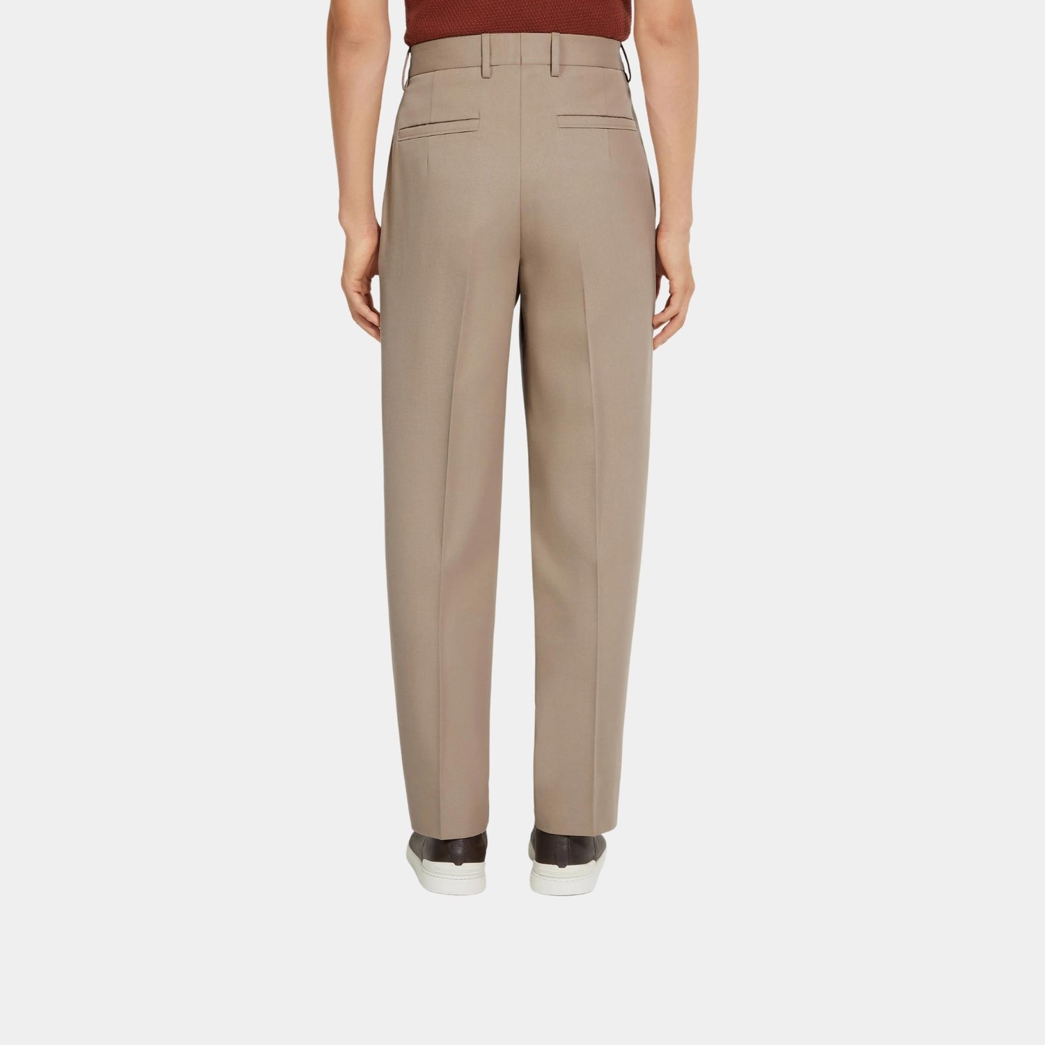 Zegna Cotton and Wool Pants With Single Front Pleats, Light Taupe, Back