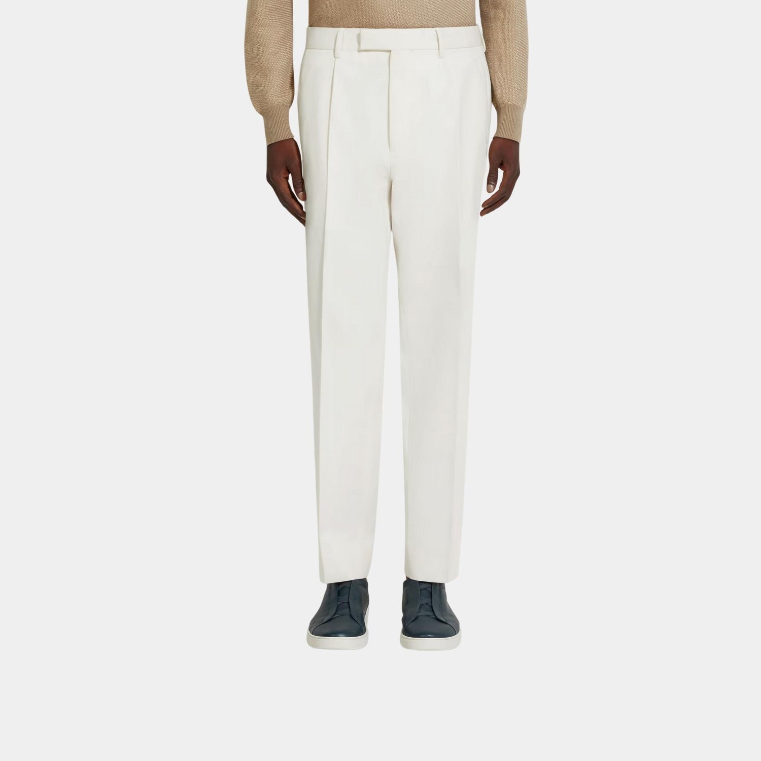 Zegna Cotton and Wool Pants With Single Front Pleats, White, Model