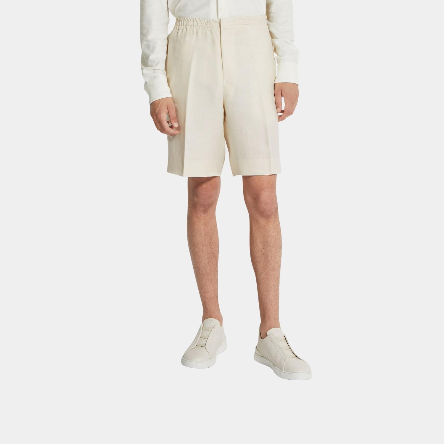 Zegna Oasi Lino Bermuda Shorts, Off White, Model