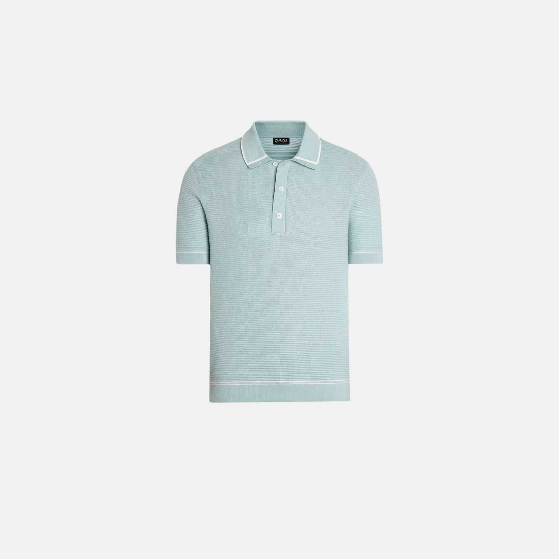 Zegna Premium Cotton Polo Shirt Purl Stitch Texture, Light Blue, Front