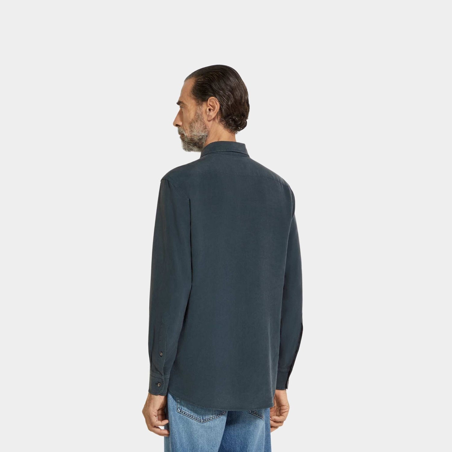 Zegna Silk Shirt With Semi-Spread Collar, Dark Teal Blue, Back