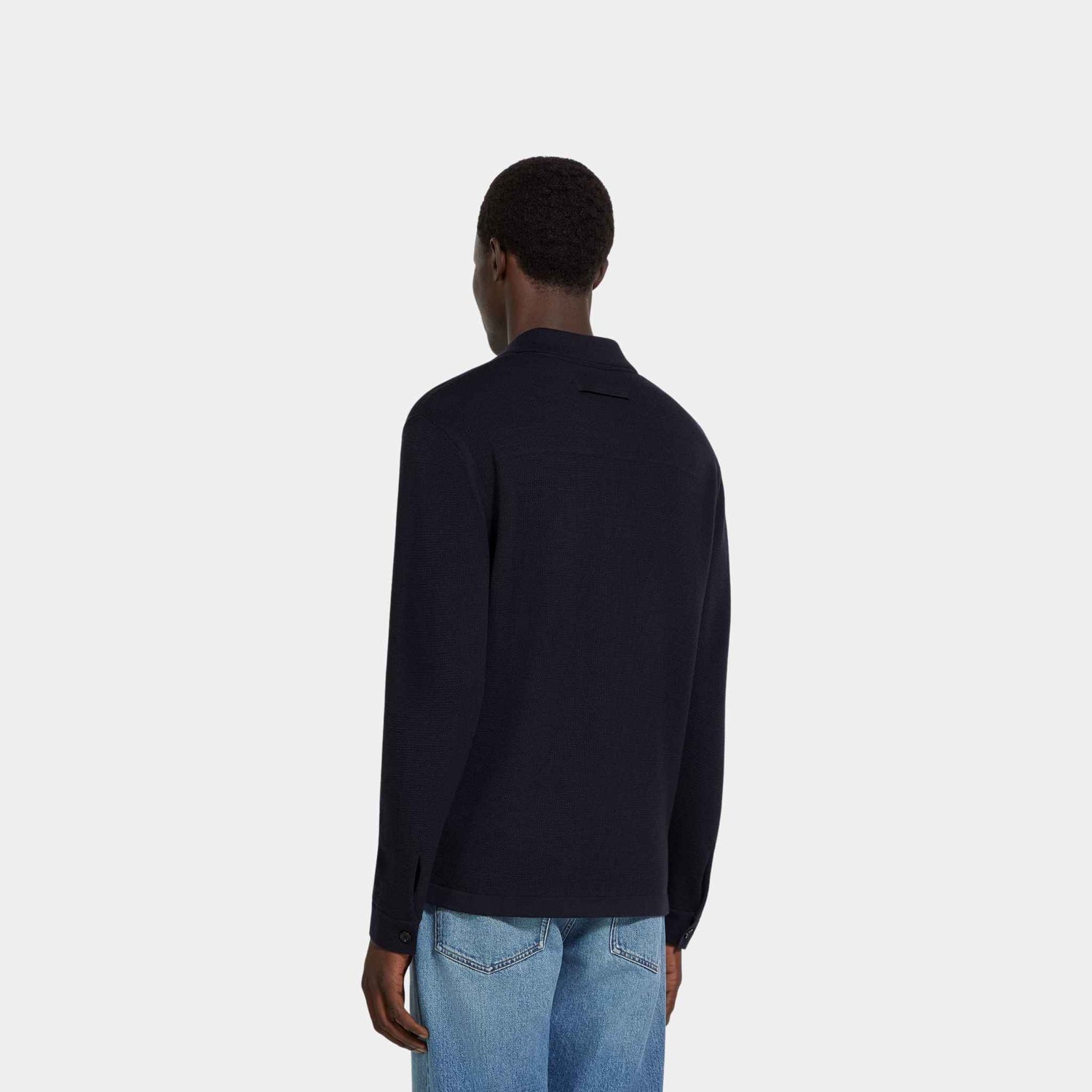 Zegna Wool Shirt With Tridimensional Stitch, Navy Blue, Back