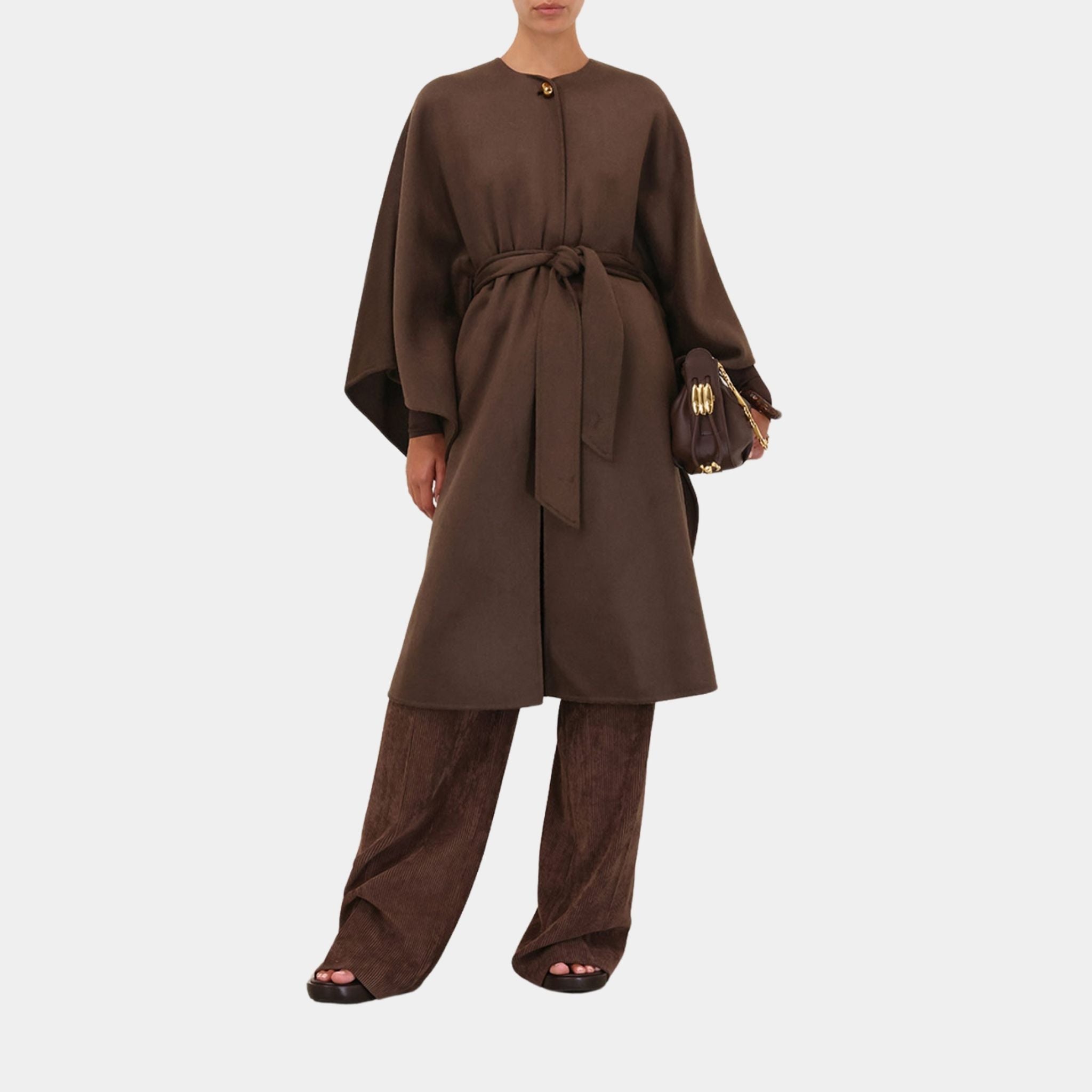 Zimmermann Illuminate Belted Cape, Chocolate, Model, Front
