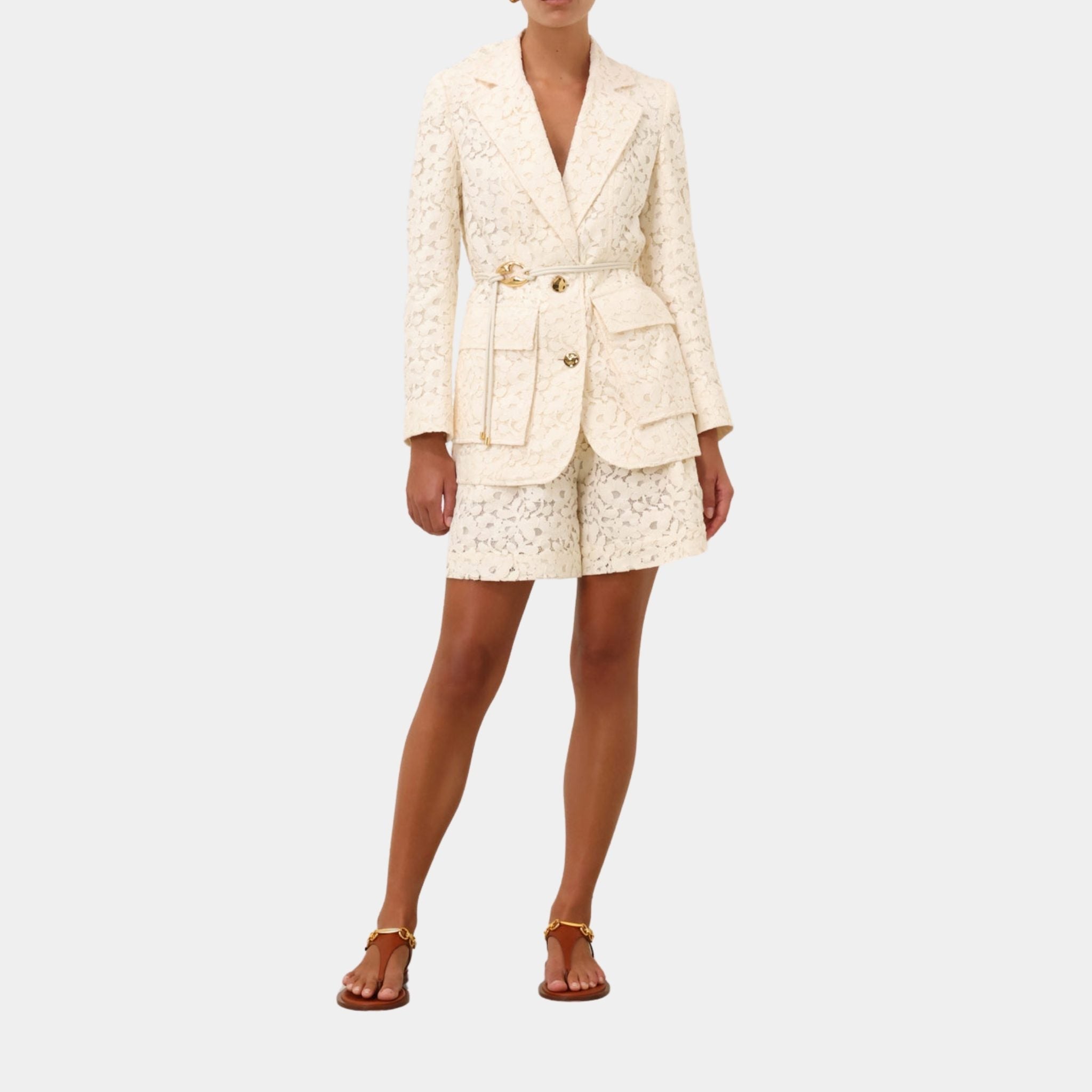 Zimmermann Illuminate Lace Belted Jacket, Model, Front