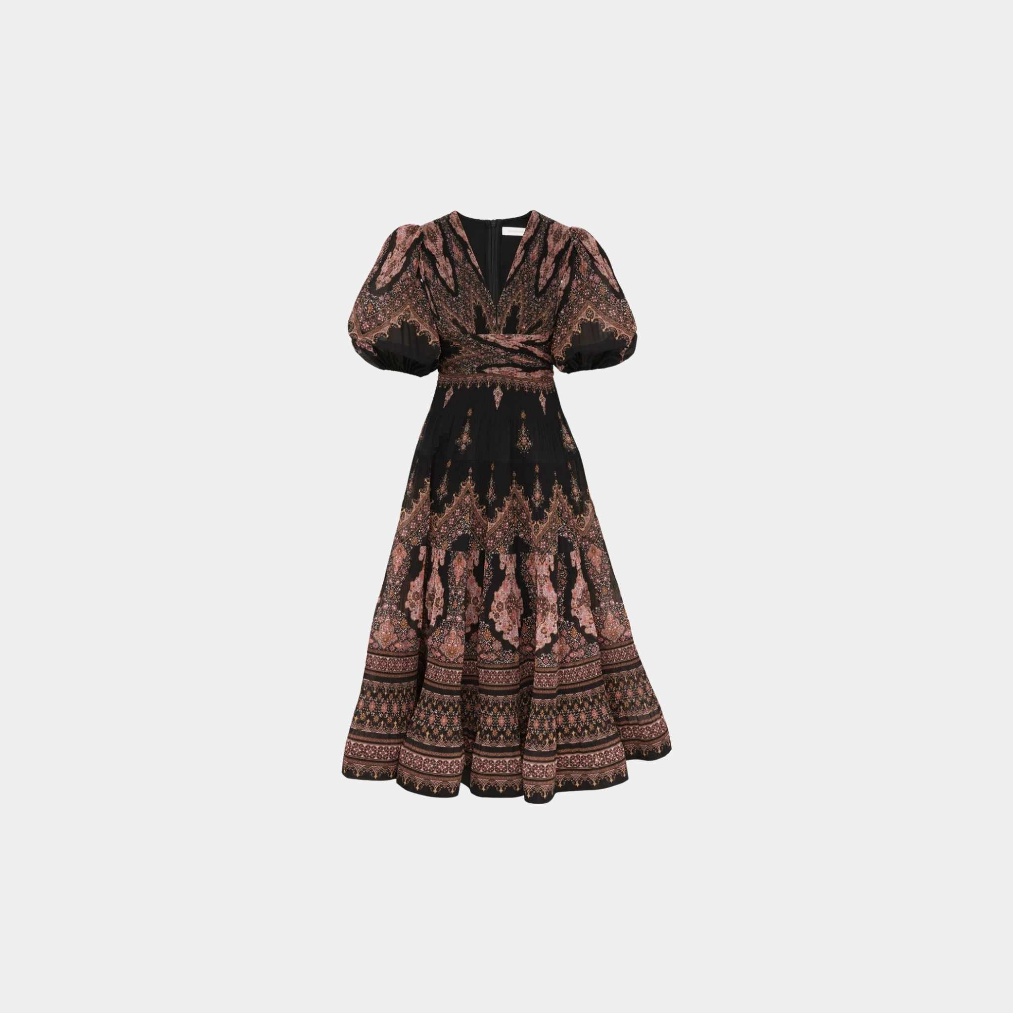 Zimmermann Pleated Midi Dress, Black Paisley, Front