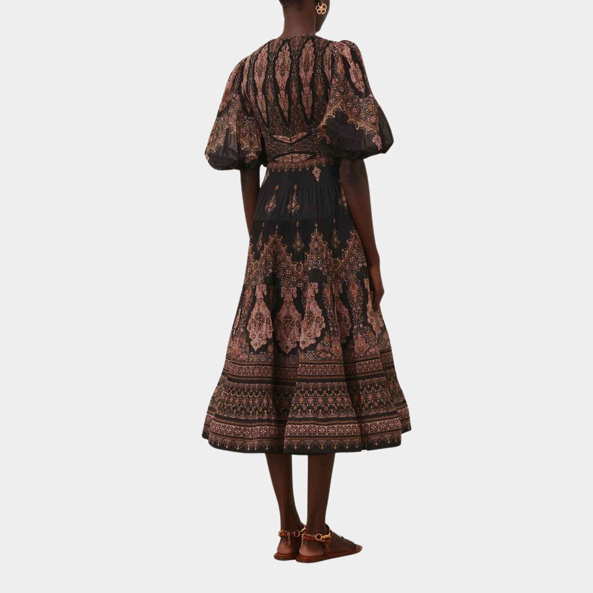 Zimmermann Pleated Midi Dress, Black Paisley, Model, Back