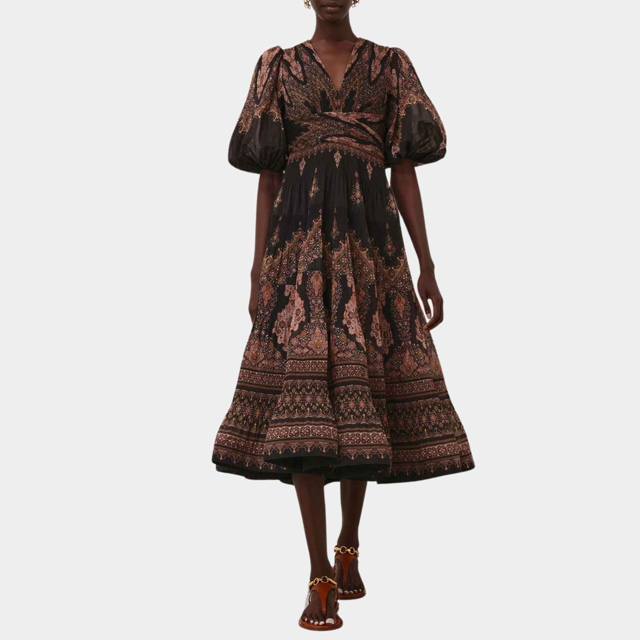 Zimmermann Pleated Midi Dress, Black Paisley, Model, Front