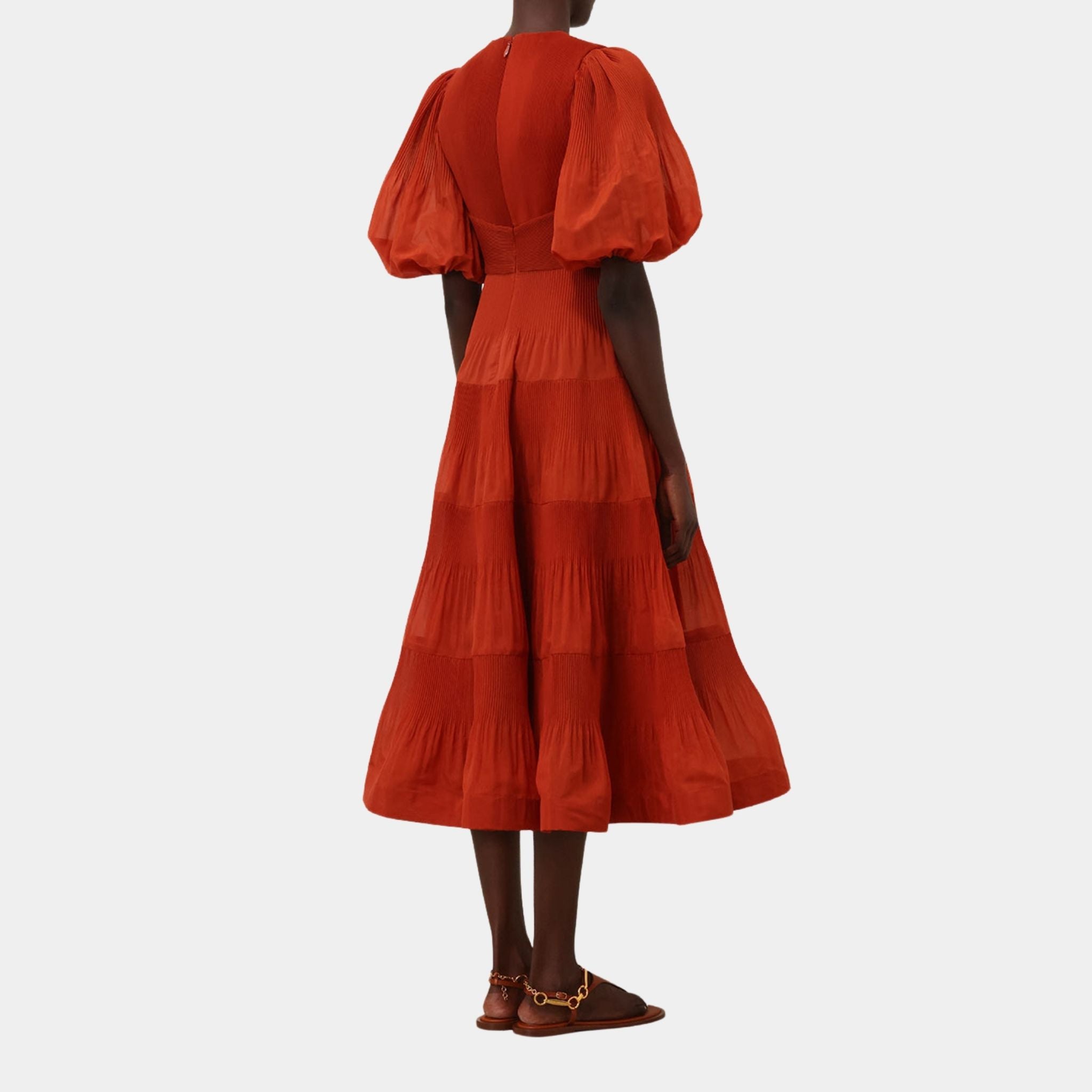 Zimmermann Pleated Midi Dress, Dark Red, Model, Back