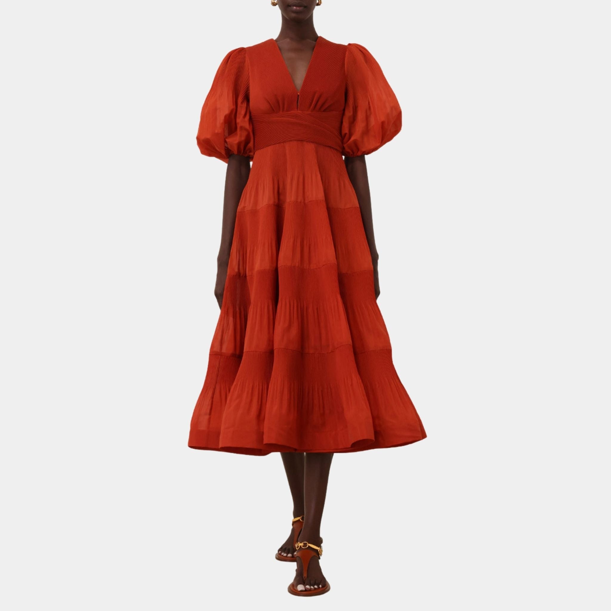 Zimmermann Pleated Midi Dress, Dark Red, Model, Front