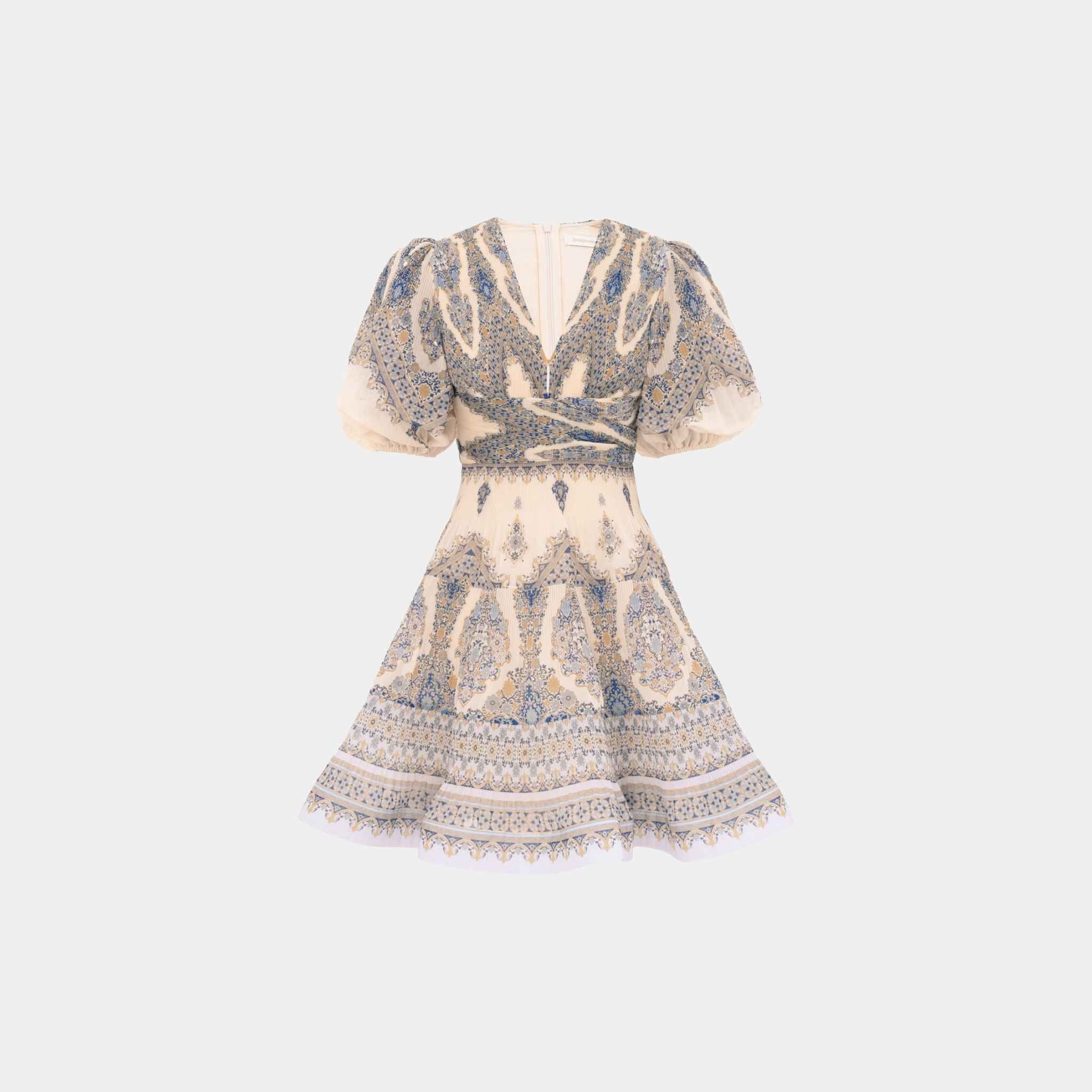 Zimmermann Pleated Mini Dress, Blue Paisley, Front