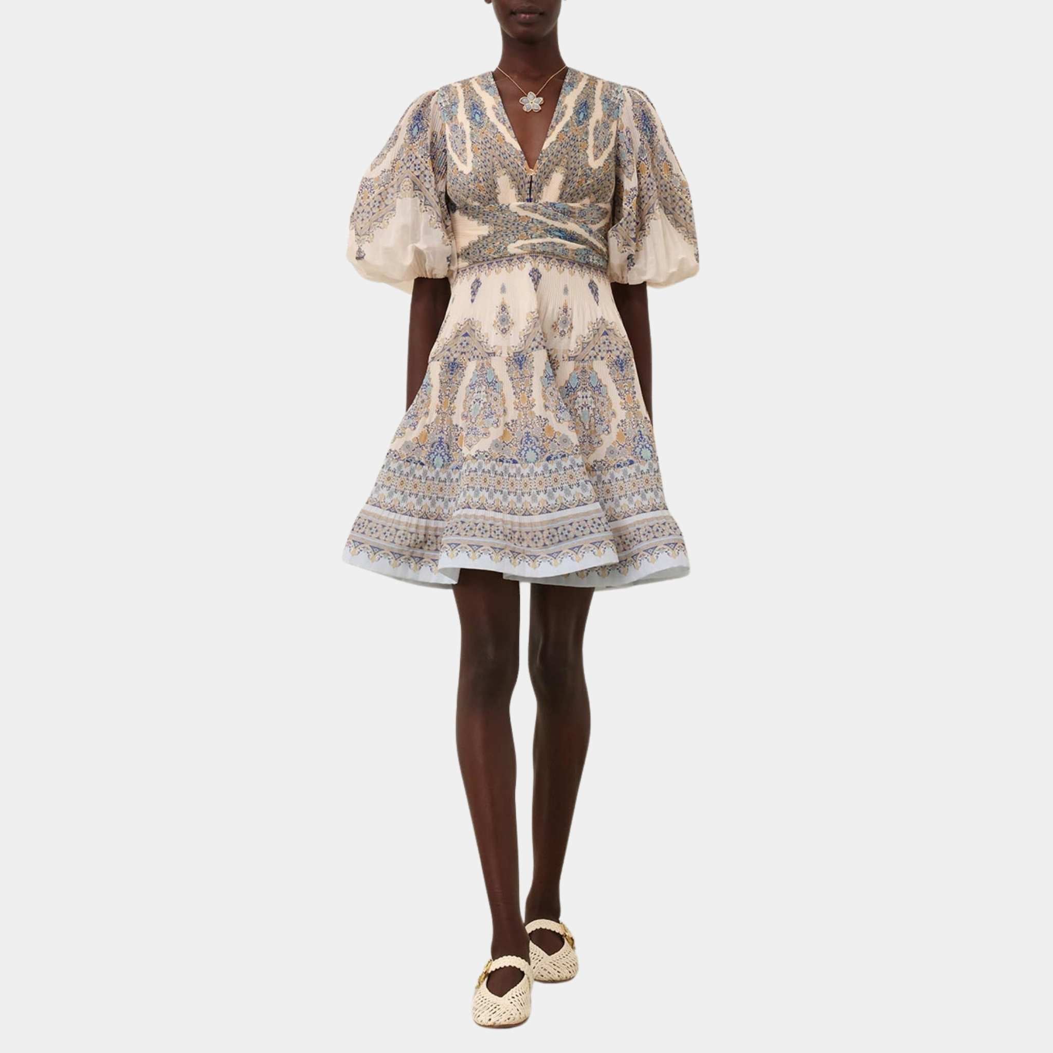 Zimmermann Pleated Mini Dress, Blue Paisley, Model, Front