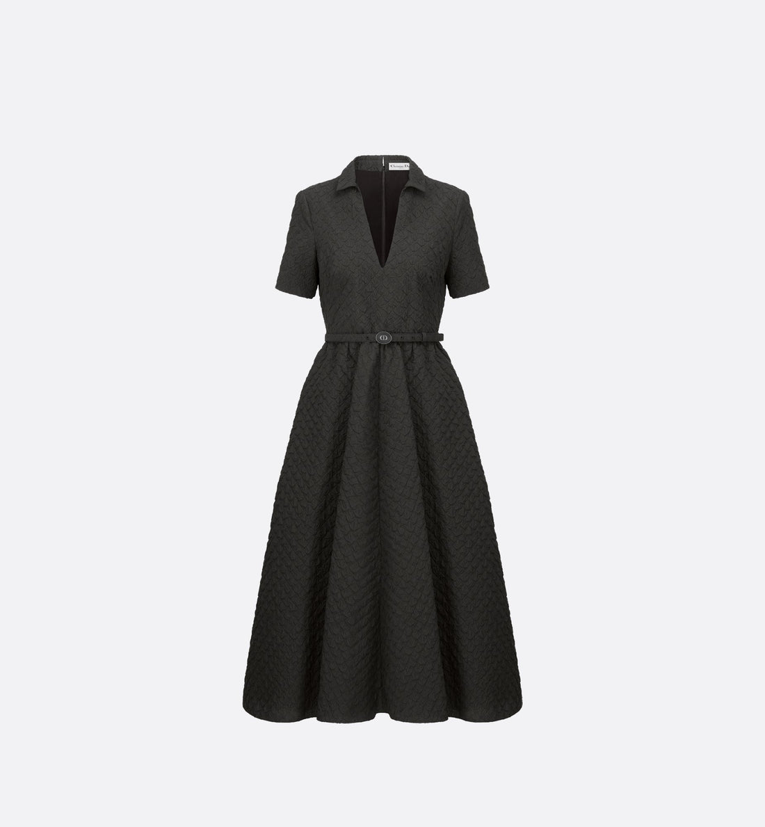 Mid Length Belted Dress Black Matte Cloque Technical Fabric