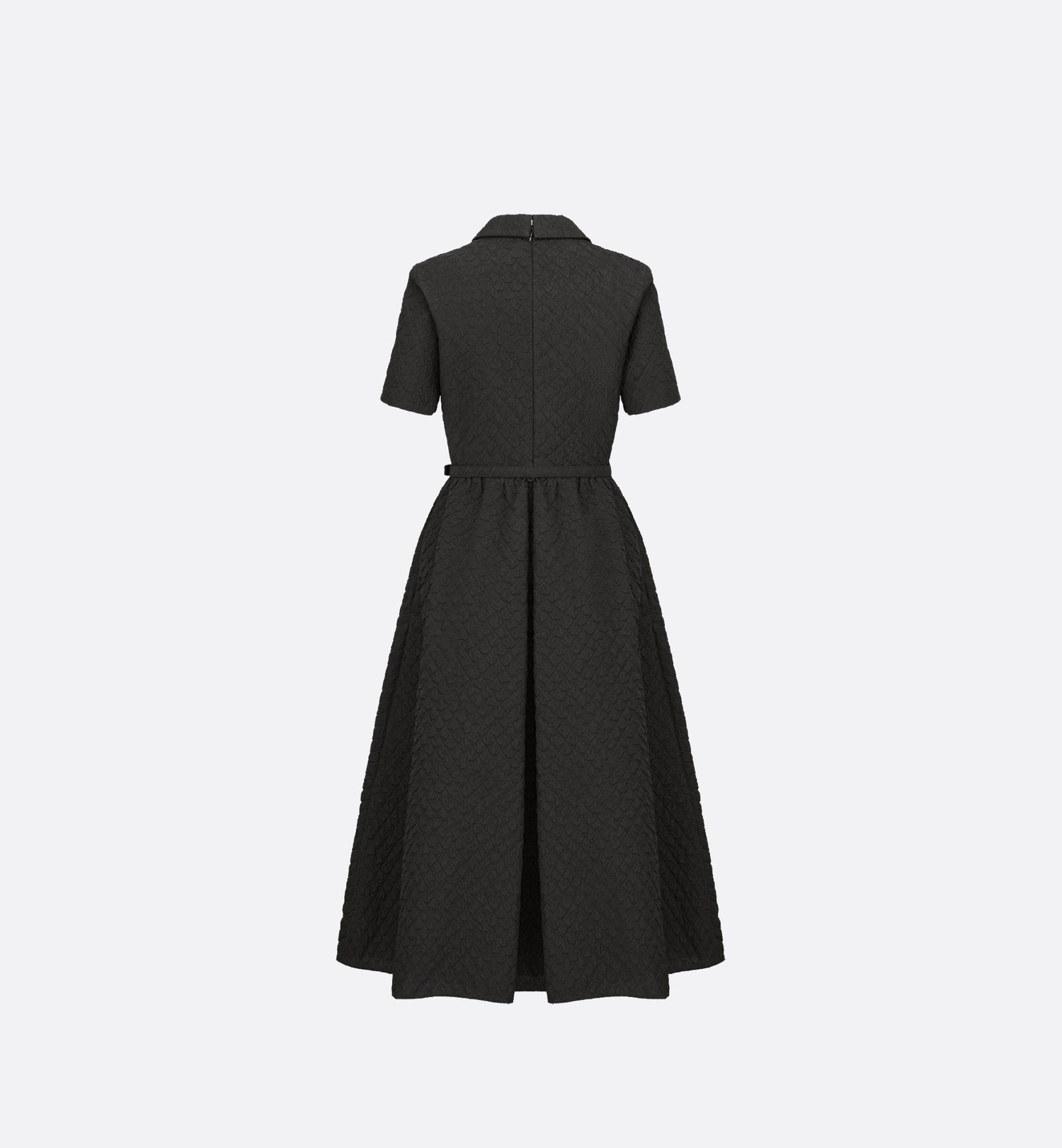 Mid Length Belted Dress Black Matte Cloque Technical Fabric