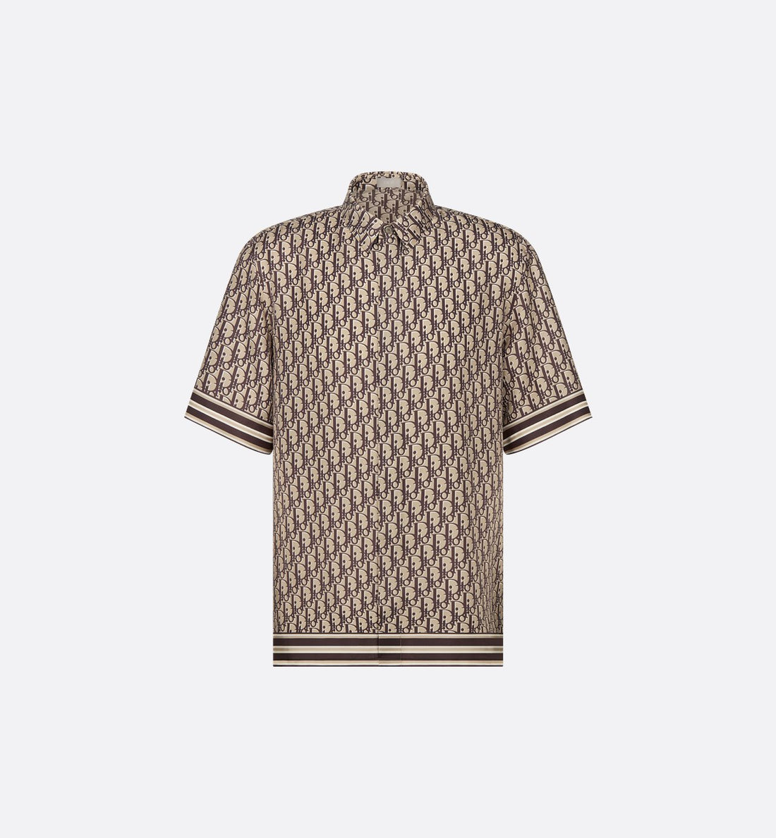 Oblique Short-Sleeved Shirt Beige And Brown Silk Twill