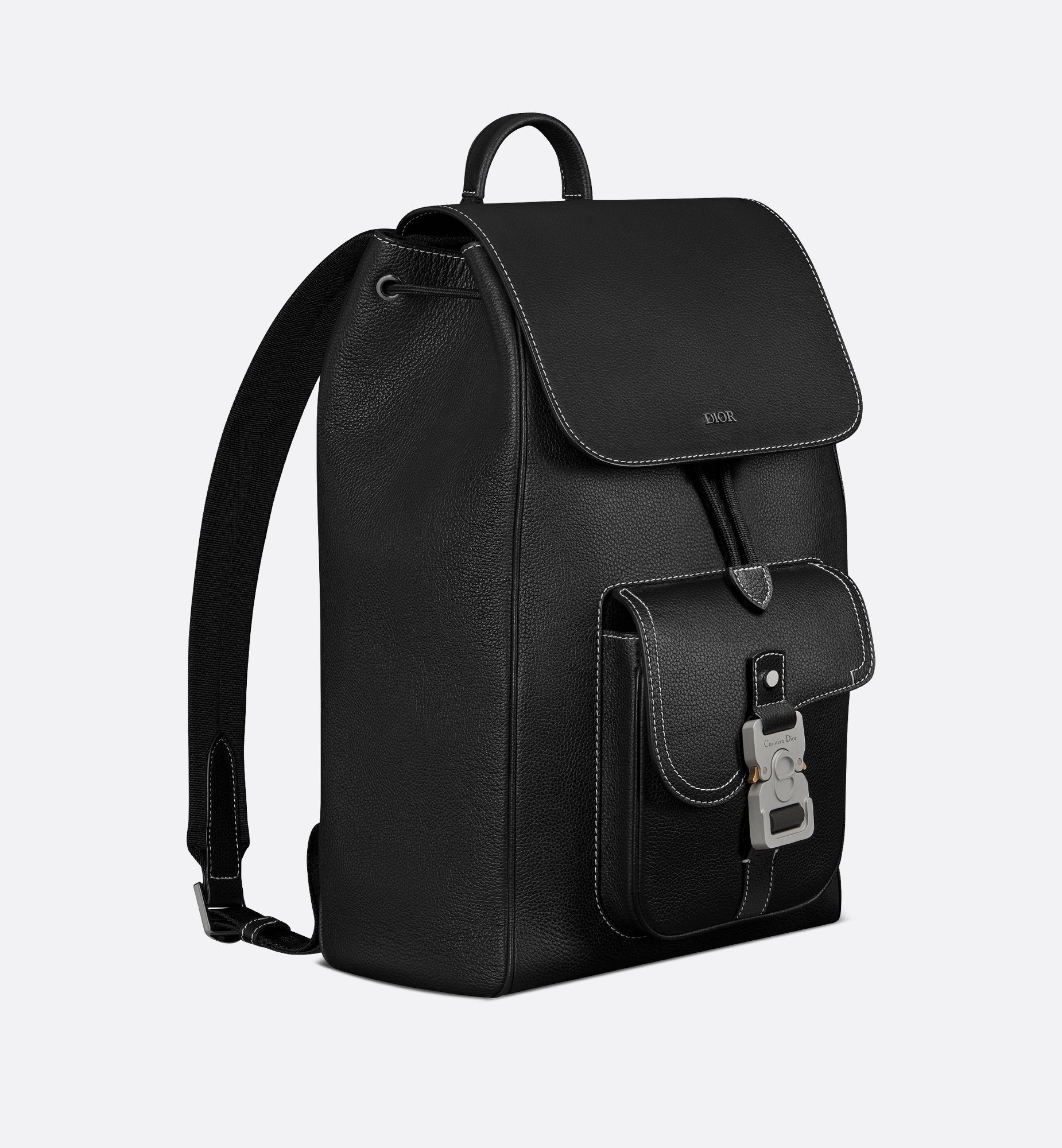 Saddle Backpack With Flap Black Grained Calfskin With Contrasting Topstitching