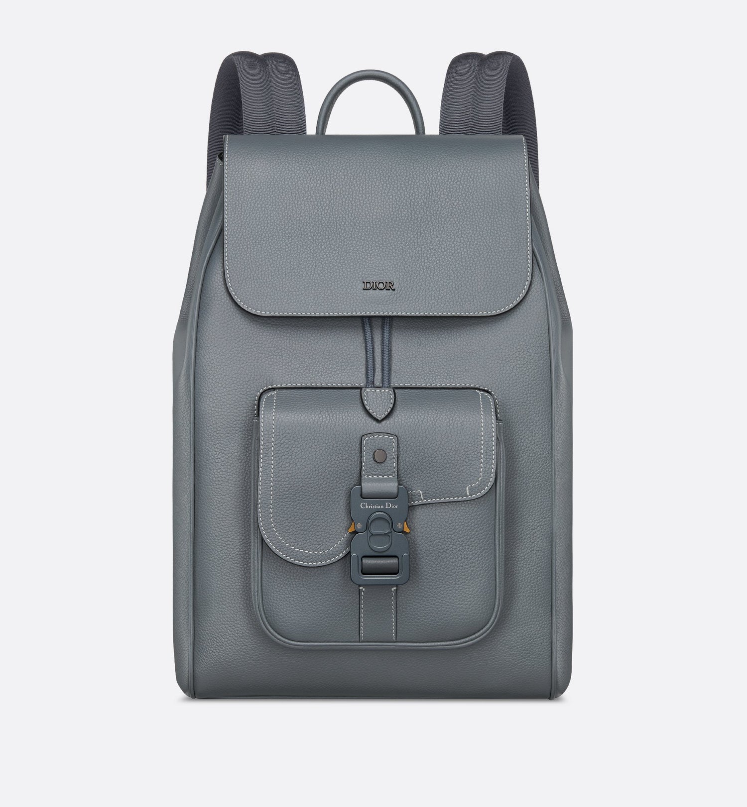 Saddle Backpack With Flap Deep Gray Grained Calfskin With Contrasting Topstitching