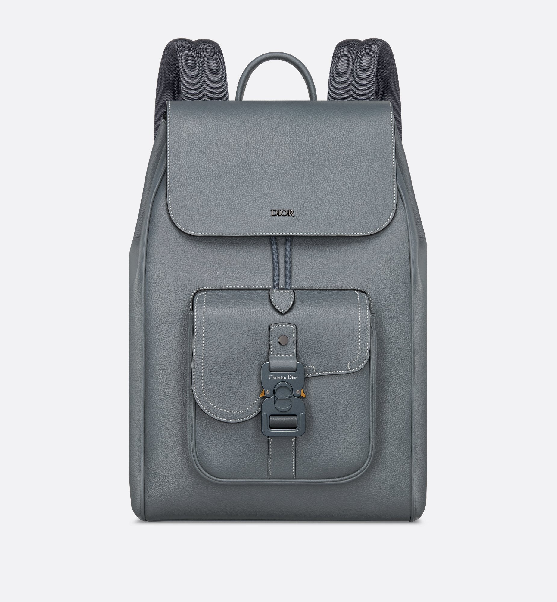 Saddle Backpack With Flap Deep Gray Grained Calfskin With Contrasting Topstitching