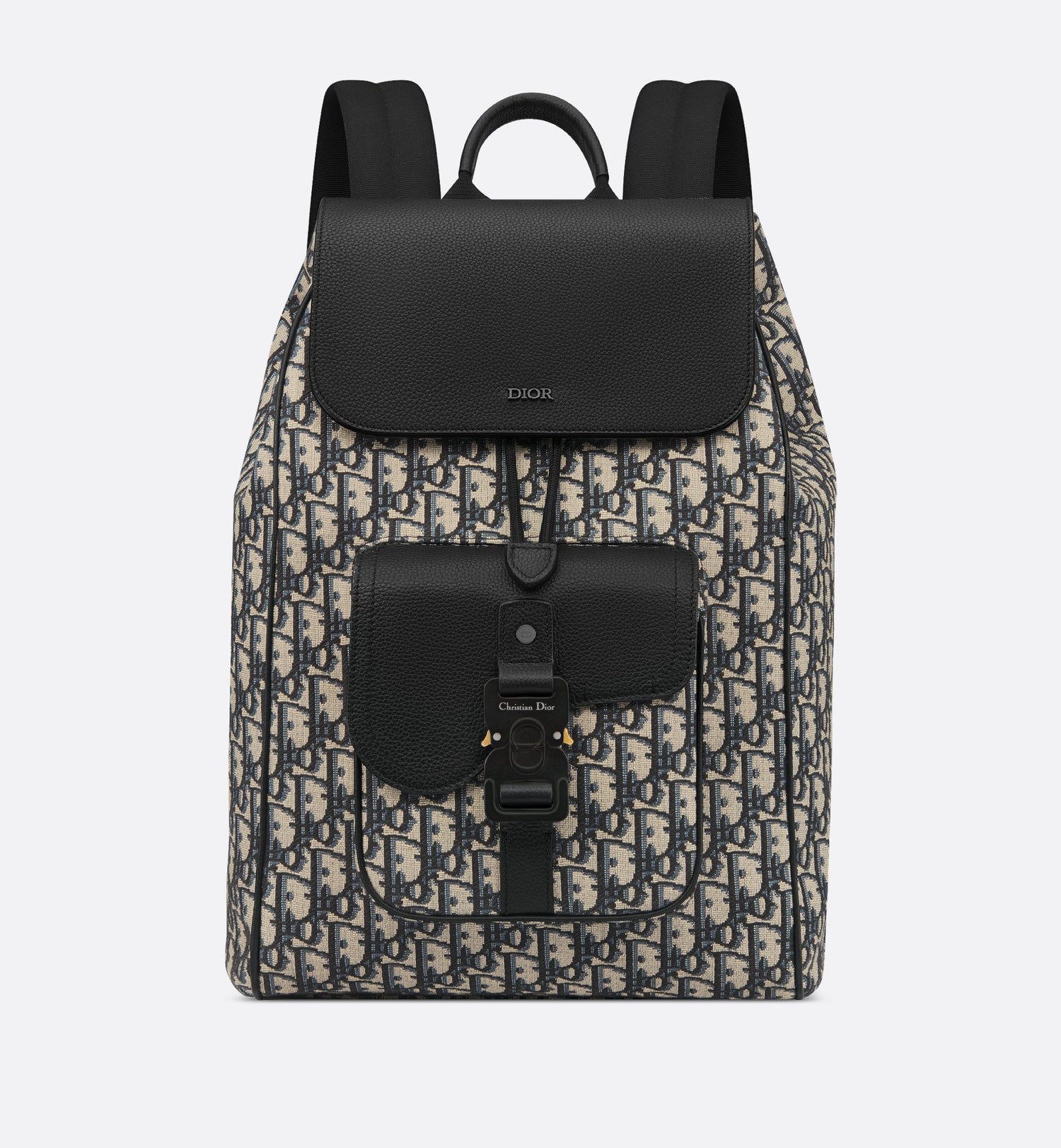 Saddle Backpack With Flap Beige And Black Dior Oblique Jacquard With Black Grained Calfskin