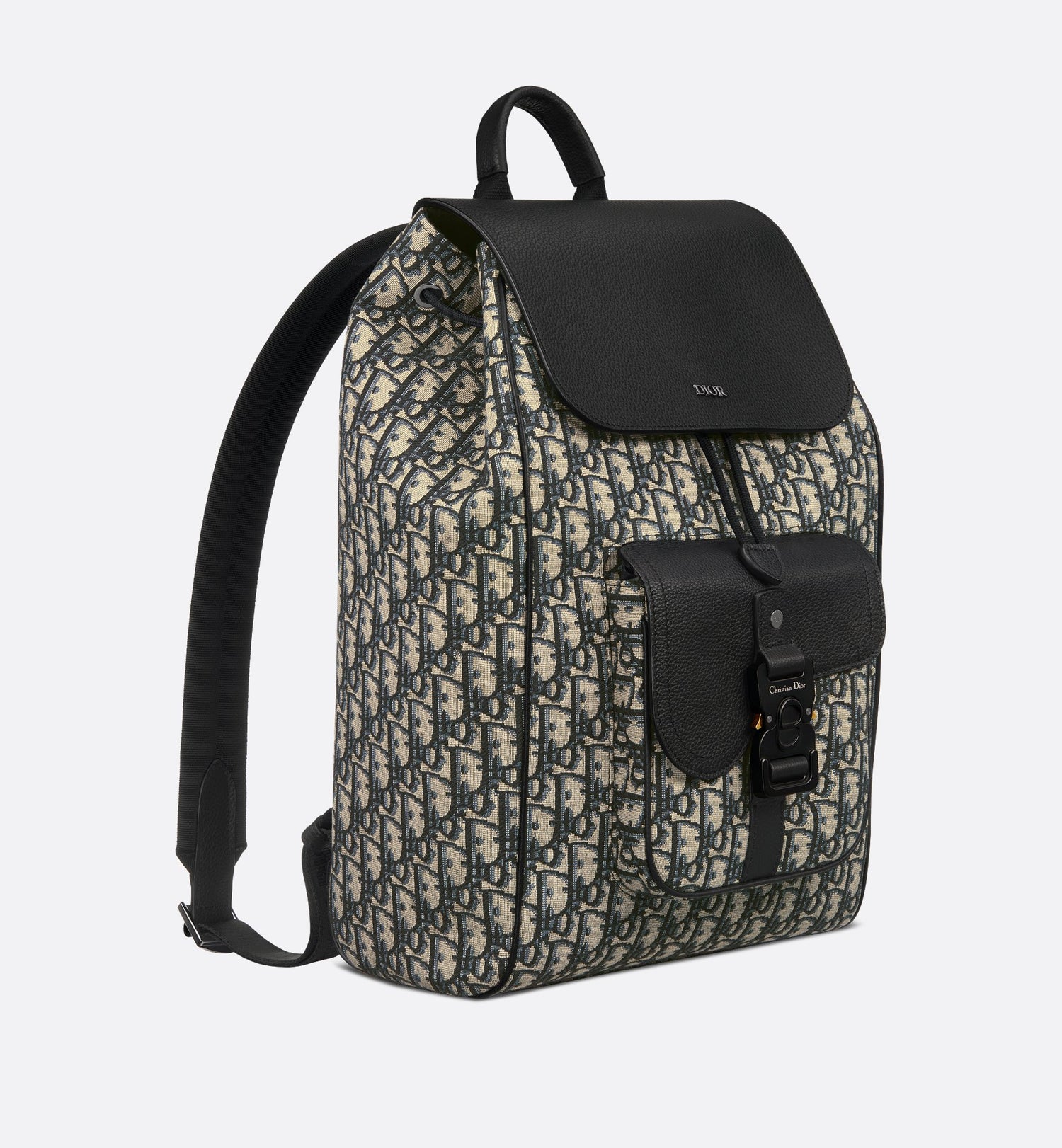 Saddle Backpack With Flap Beige And Black Dior Oblique Jacquard With Black Grained Calfskin