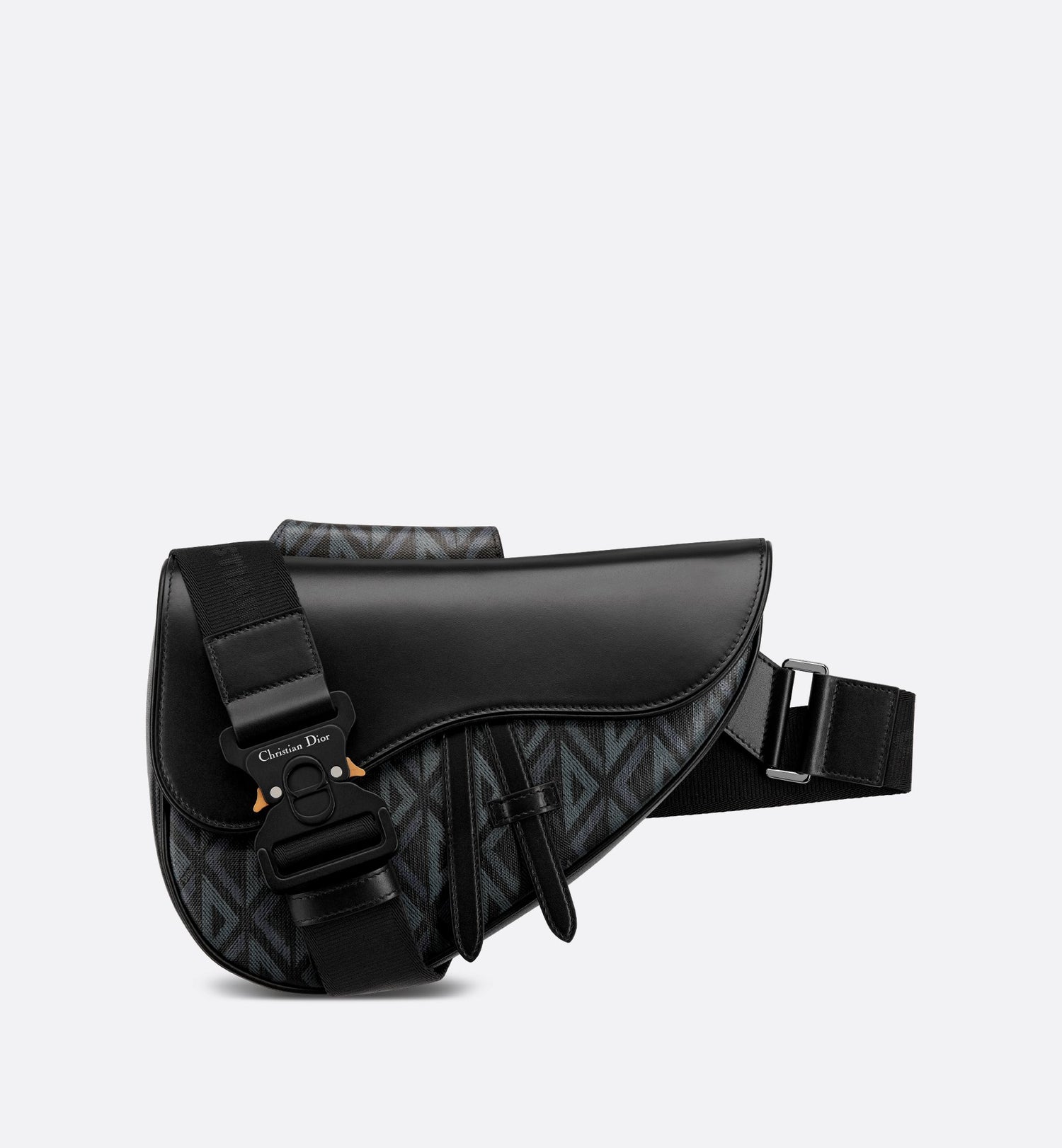 Saddle Bag Black Coated Cotton Canvas With Cd Diamond Print And Black Smooth Calfskin