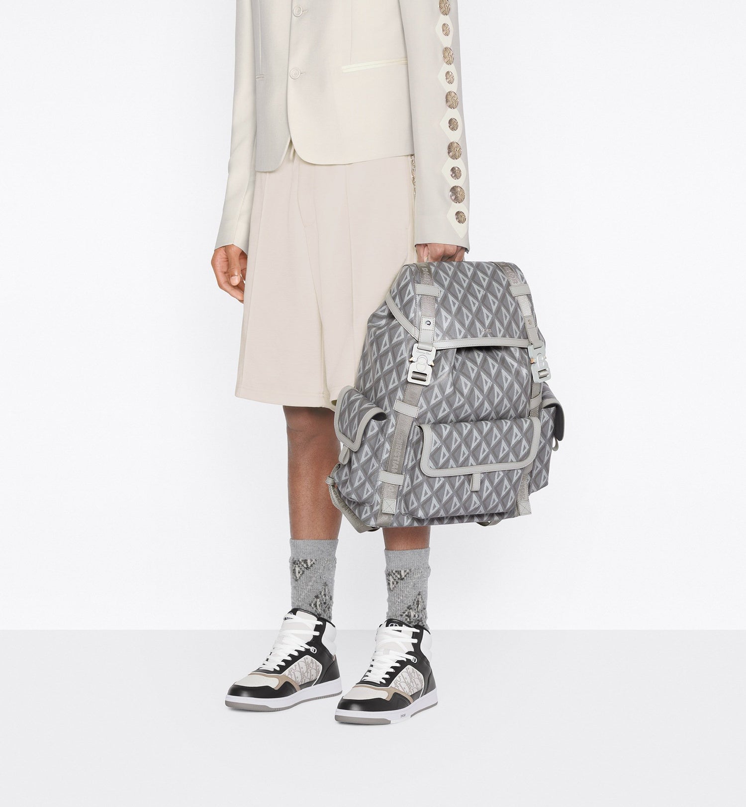 Large Dior Hit The Road Backpack Dior Gray Coated Cotton Canvas With Cd Diamond Print And Dior Gray Smooth Calfskin