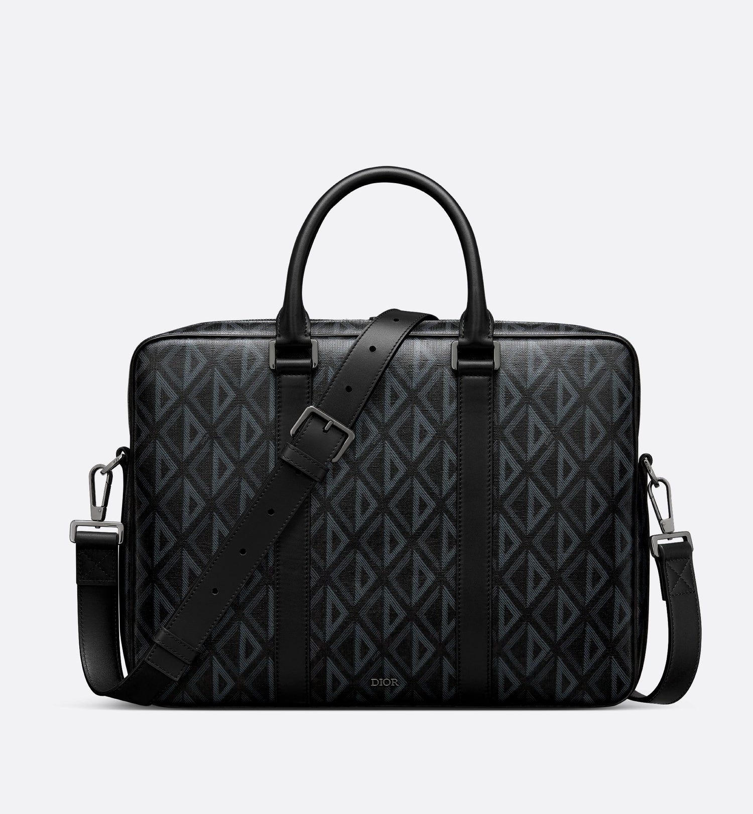 Zipped Briefcase Black Coated Cotton Canvas With Cd Diamond Print And Black Grained Calfskin