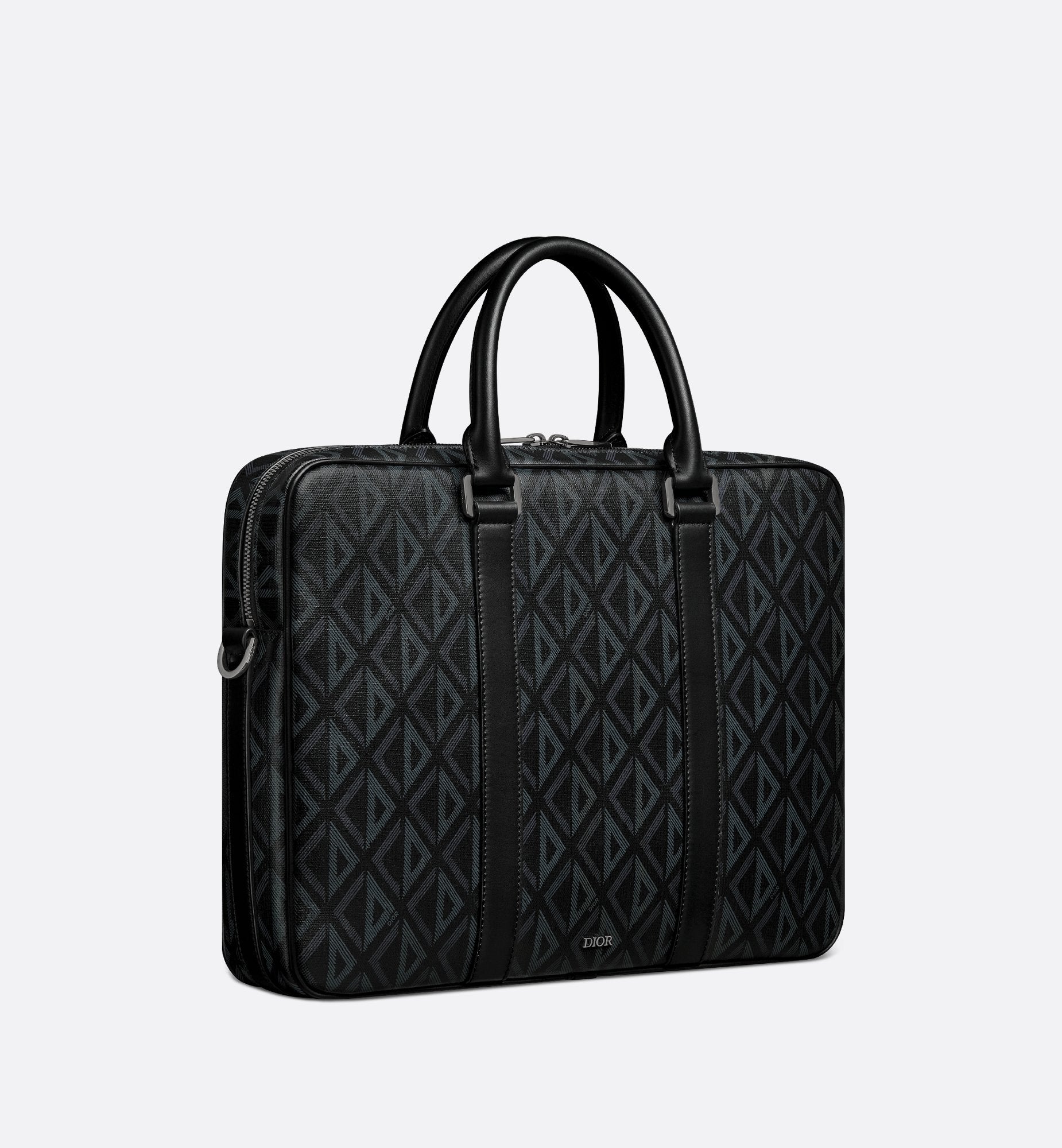 Zipped Briefcase Black Coated Cotton Canvas With Cd Diamond Print And Black Grained Calfskin