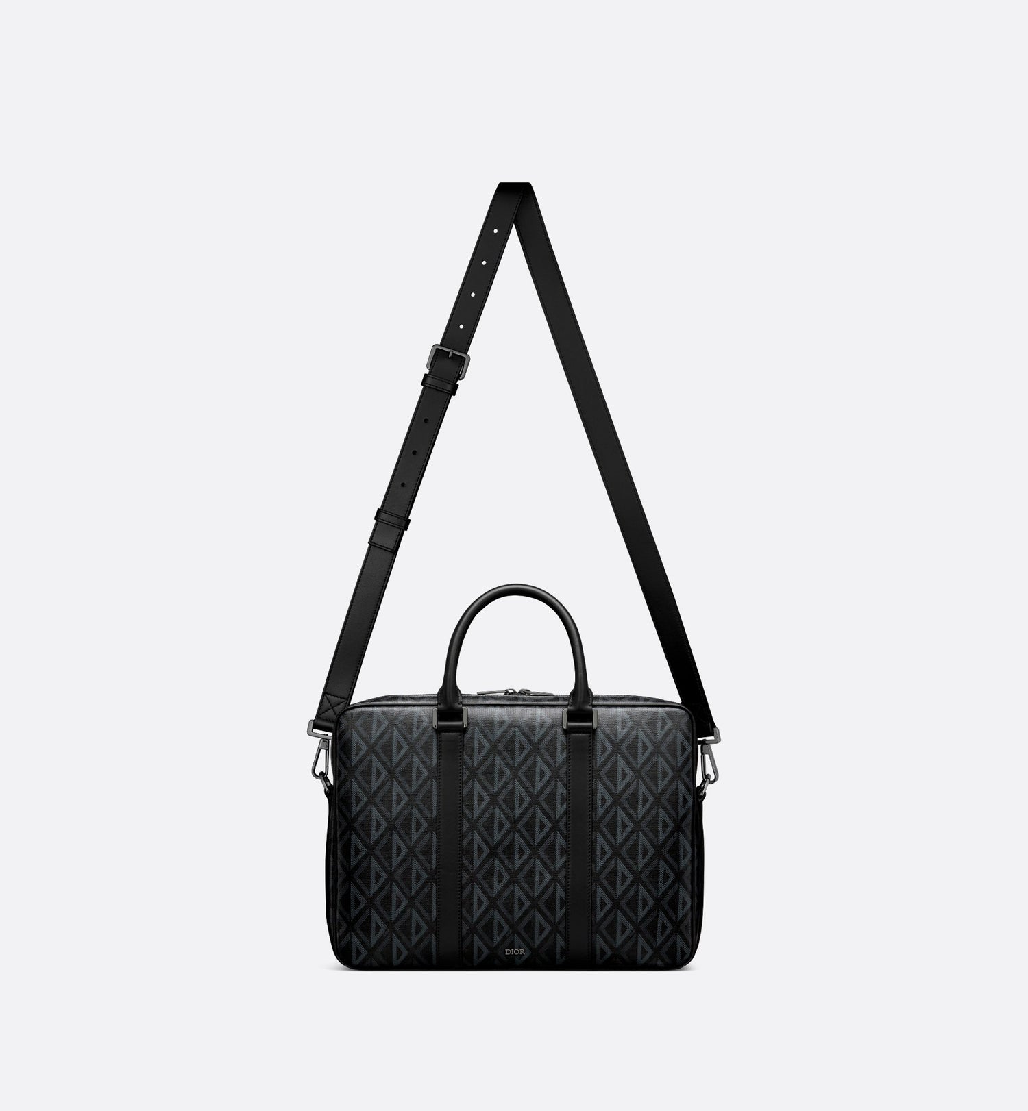 Zipped Briefcase Black Coated Cotton Canvas With Cd Diamond Print And Black Grained Calfskin