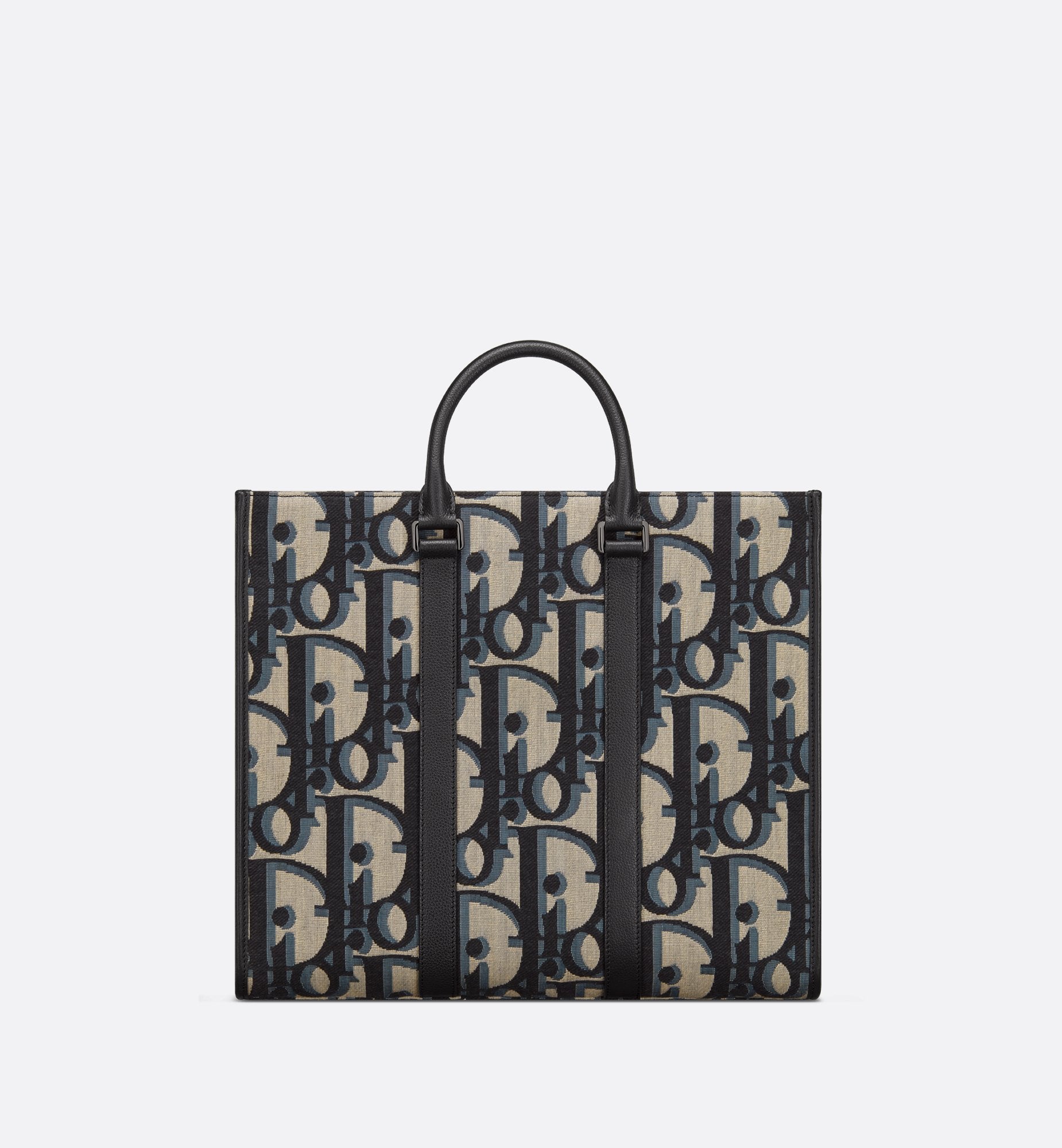 East-West Tote Bag Beige And Black Maxi Dior Oblique Jacquard With Black Grained Calfskin