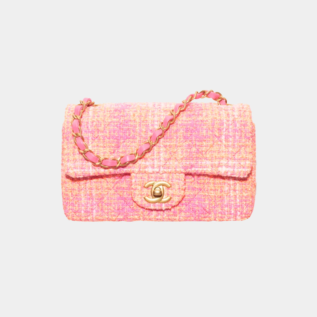 Mini Flap Bag Tweed and Gold Metal Orange Pink and Ecru