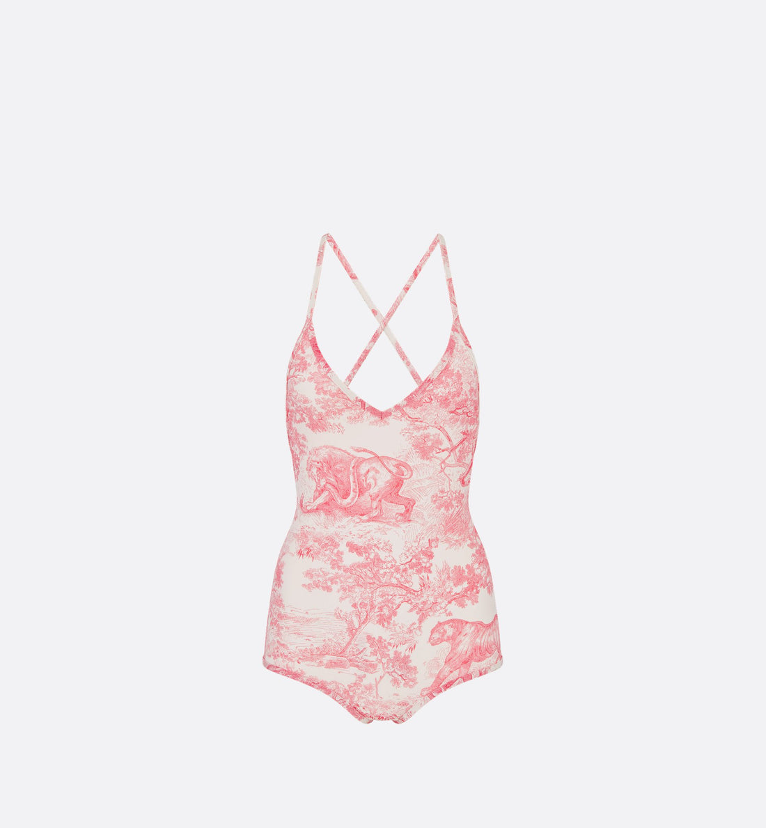 Dioriviera One-Piece Swimsuit White And Candy Pink Technical Fabric With Toile De Jouy Sauvage Motif