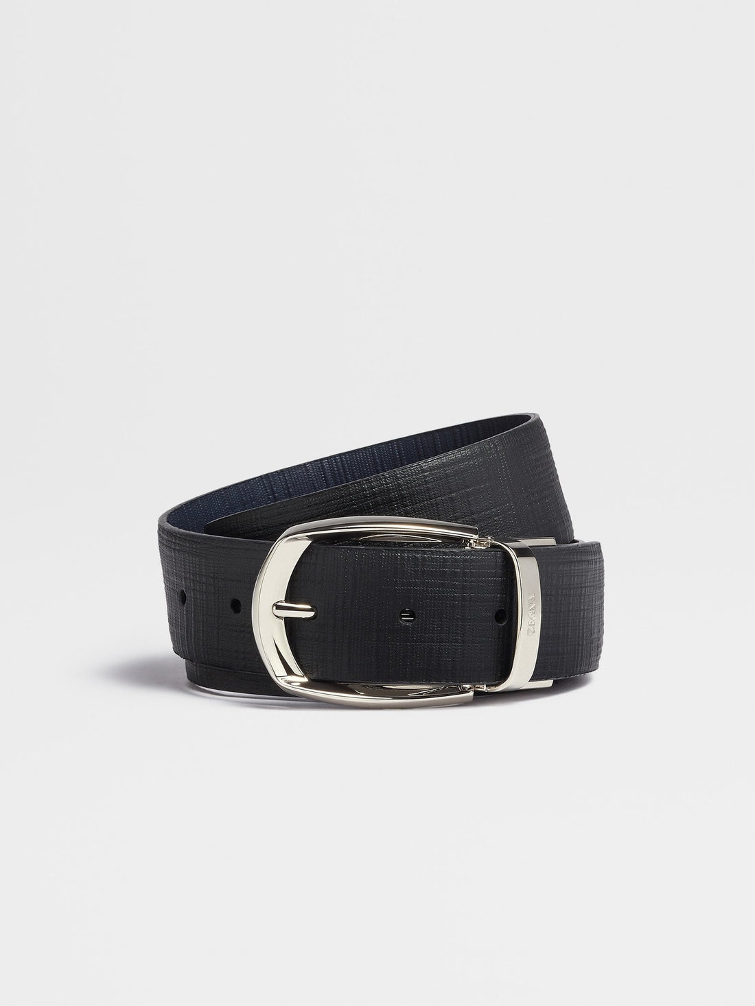 BLACK AND NAVY BLUE STUOIA ENGRAVED LEATHER REVERSIBLE BELT