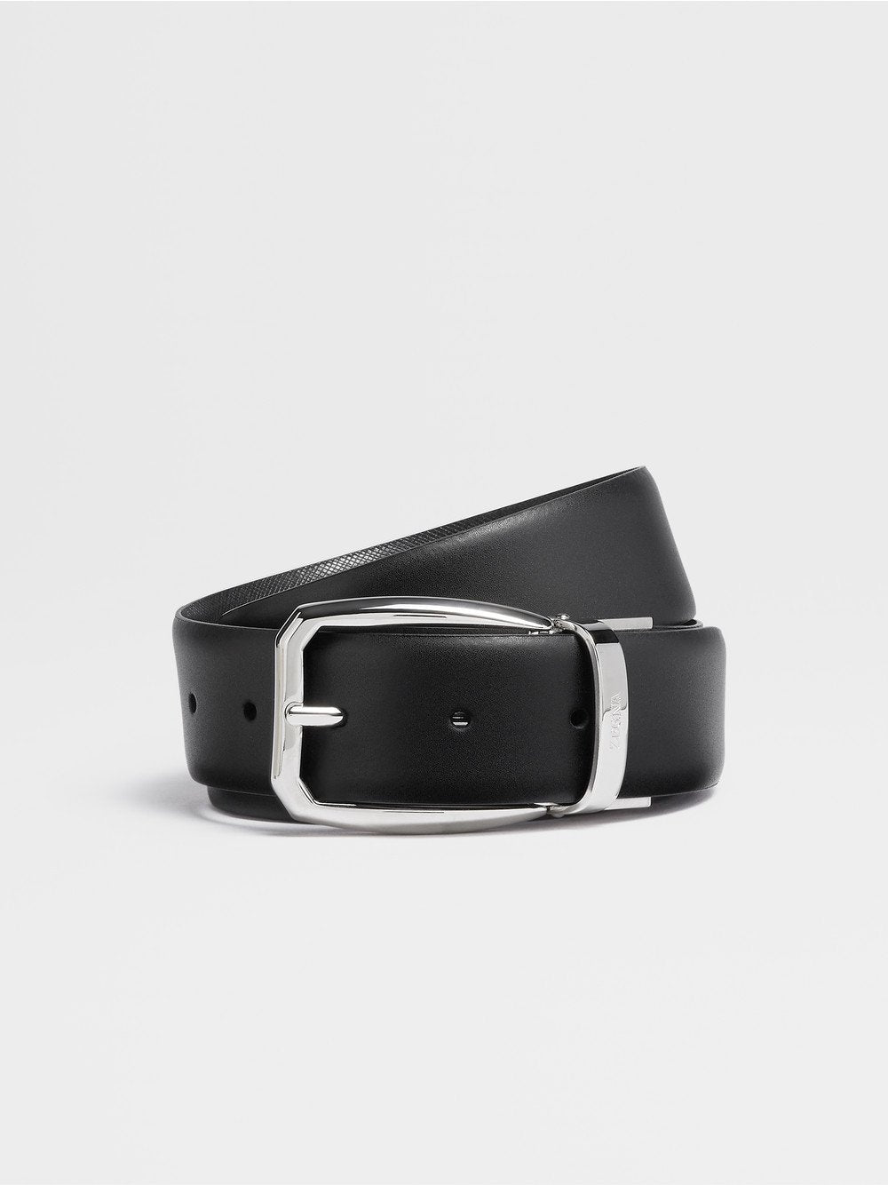 BLACK LEATHER AND BLACK BATAVIA ENGRAVED LEATHER REVERSIBLE BELT