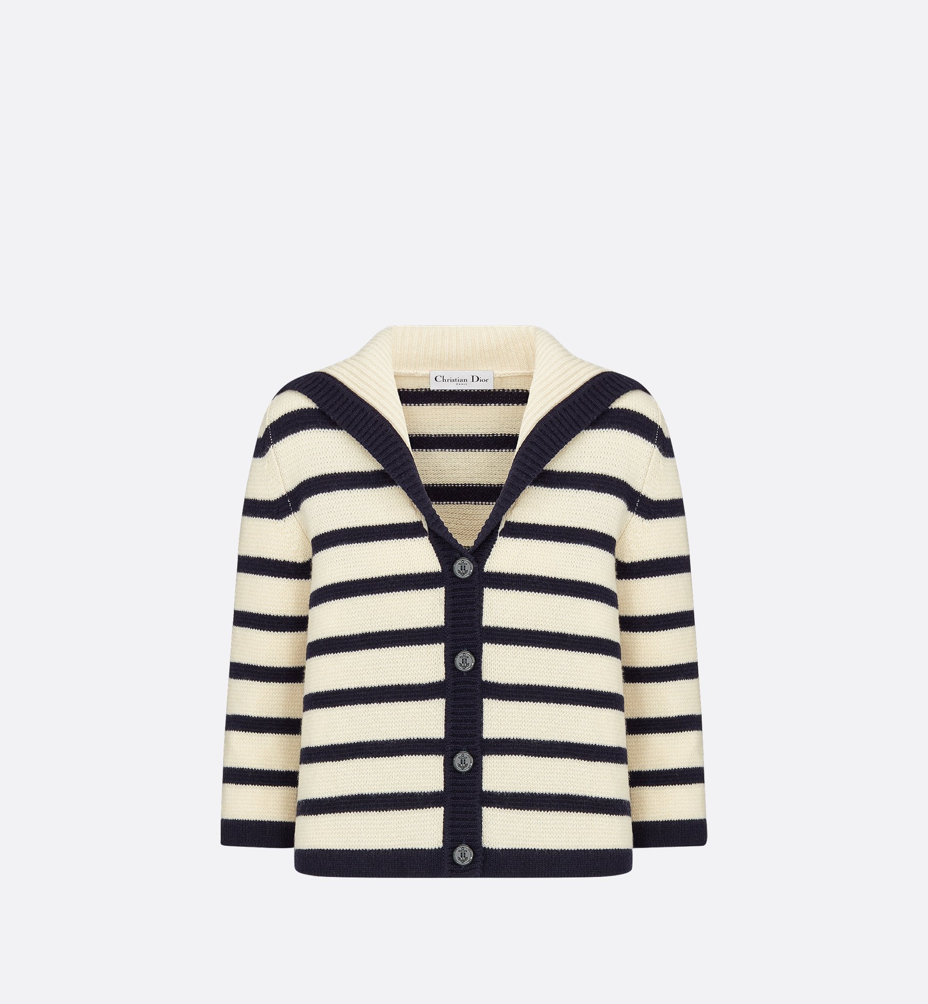 Mariniere Cardigan Navy Blue And Ecru Virgin Wool And Cashmere Knit With D Stripes Motif