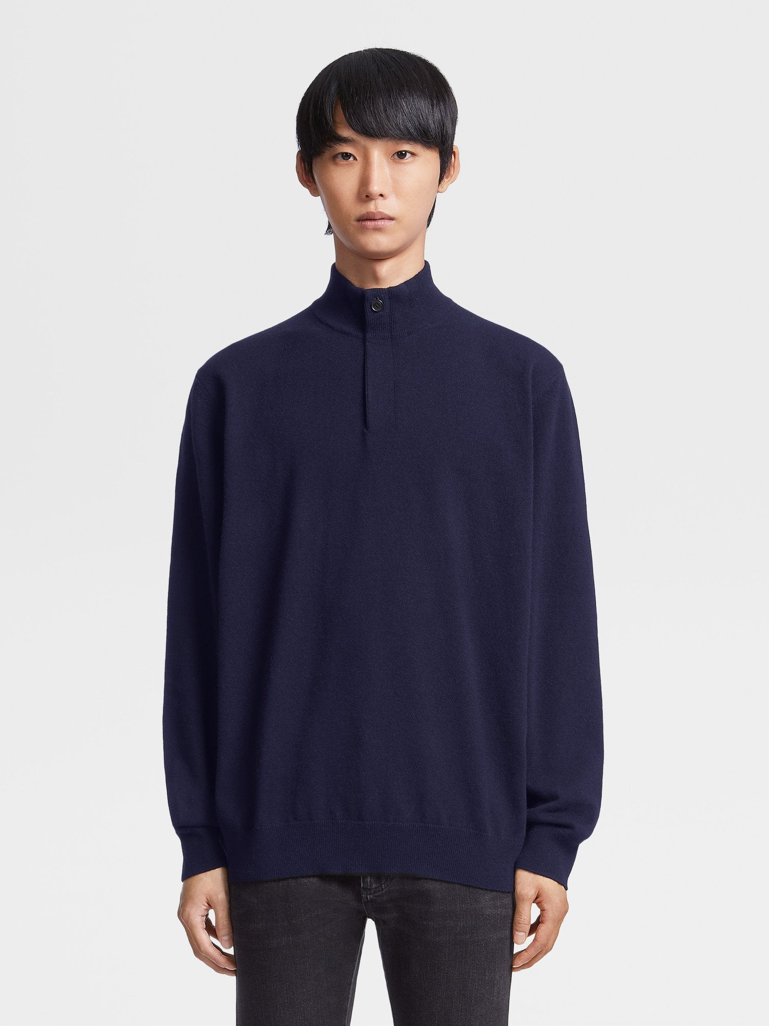 NAVY BLUE OASI CASHMERE ZIP MOCK NECK SWEATER