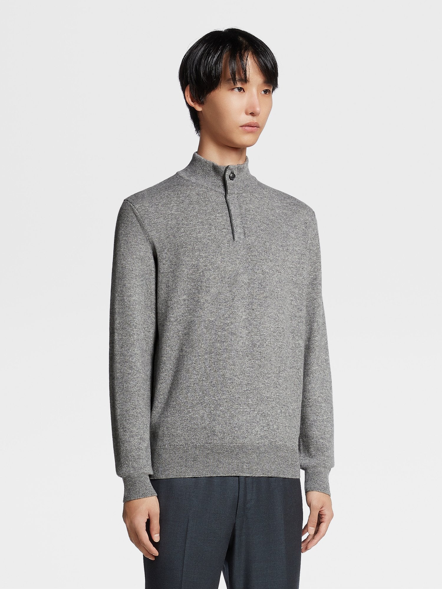 Grey Mélange Oasi Cashmere Zip Mock Neck Sweater