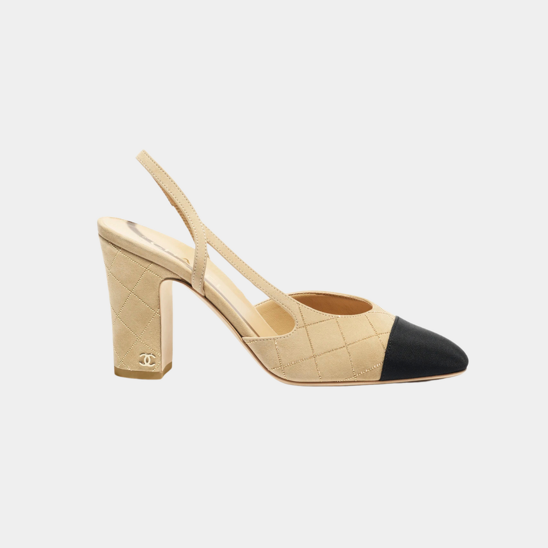 Slingback - Suede Goatskin &amp; Grosgrain - Beige, Golden &amp; Black