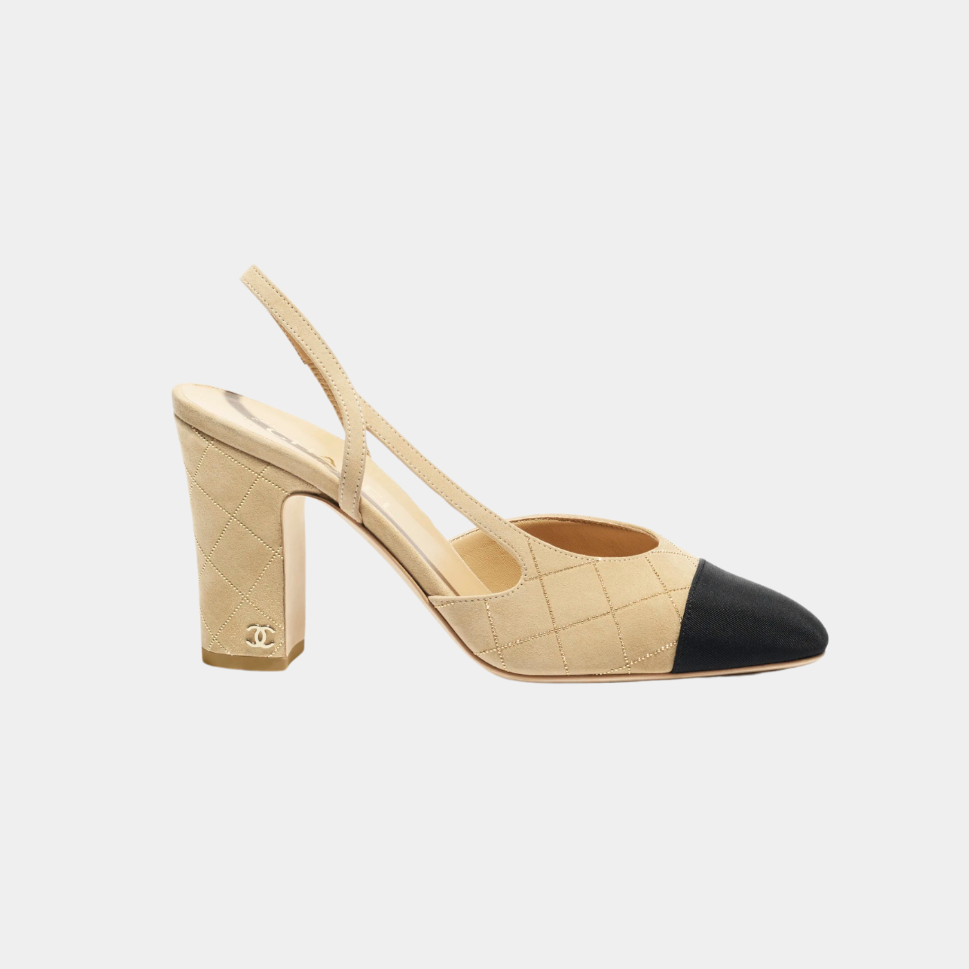 Slingback - Suede Goatskin &amp; Grosgrain - Beige, Golden &amp; Black