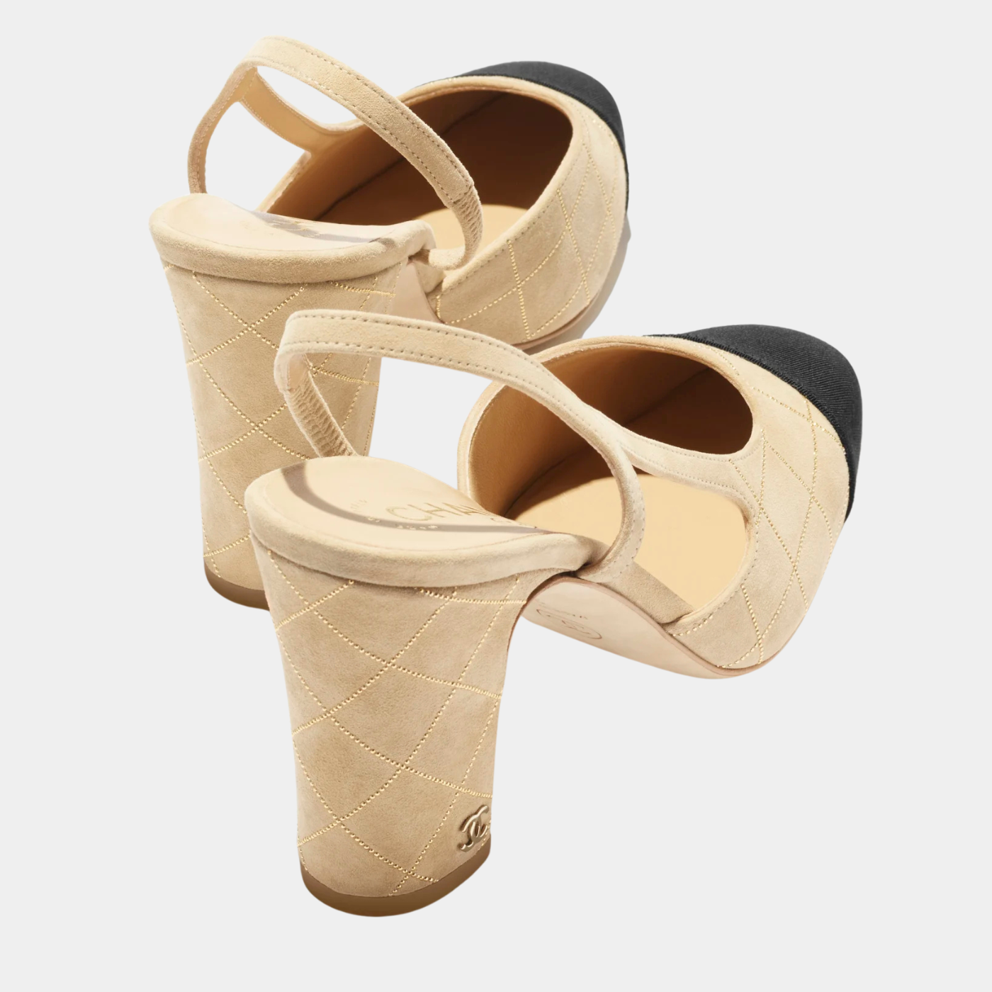 Slingback - Suede Goatskin &amp; Grosgrain - Beige, Golden &amp; Black